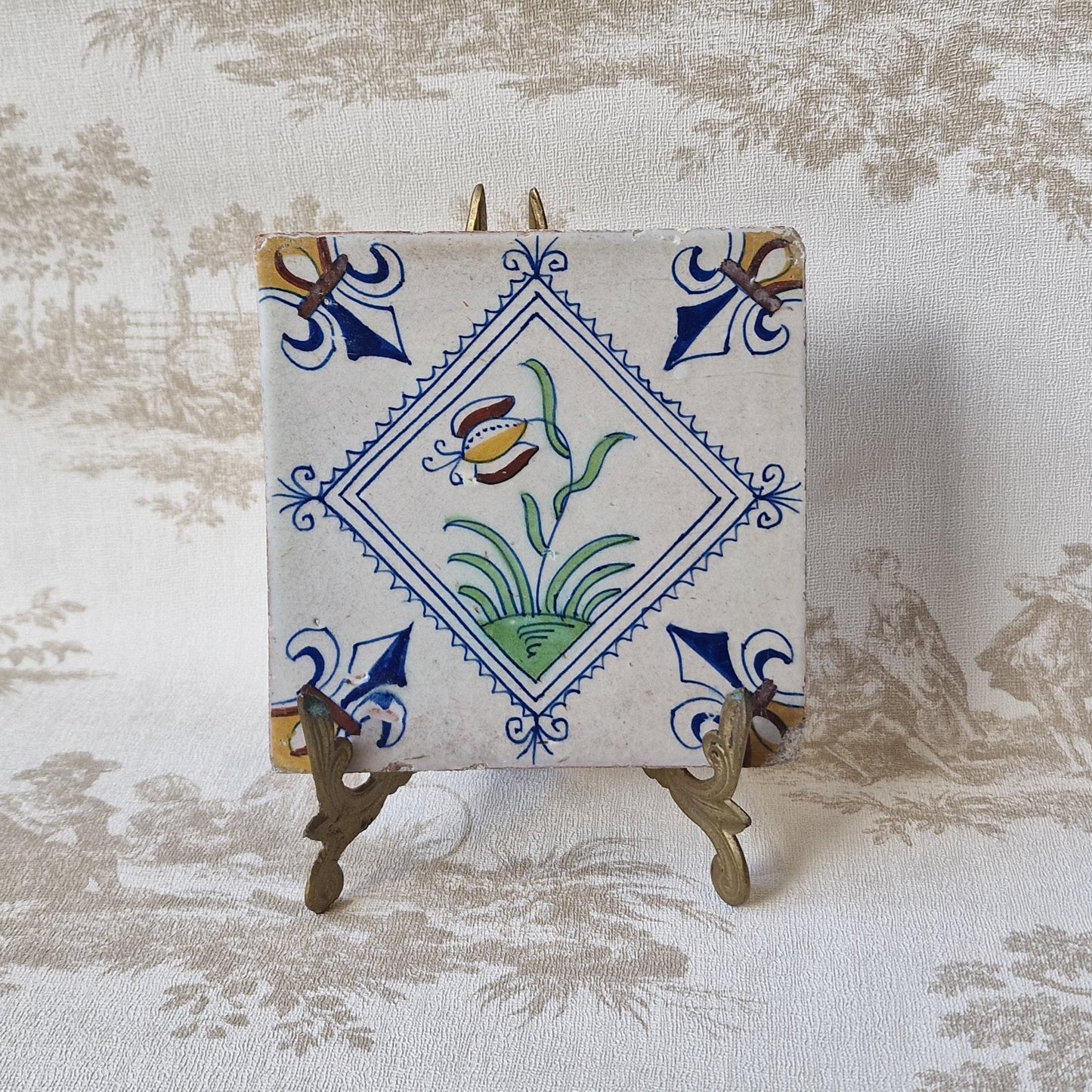Rare Delft Tile, 17th Century Dutch Polychrome Flower Stamp (13x13 cm)