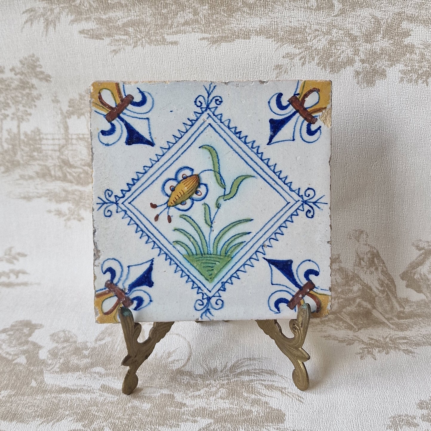 Rare Delft Tile, 17th Century Dutch Flower Stamp (13x13 cm)