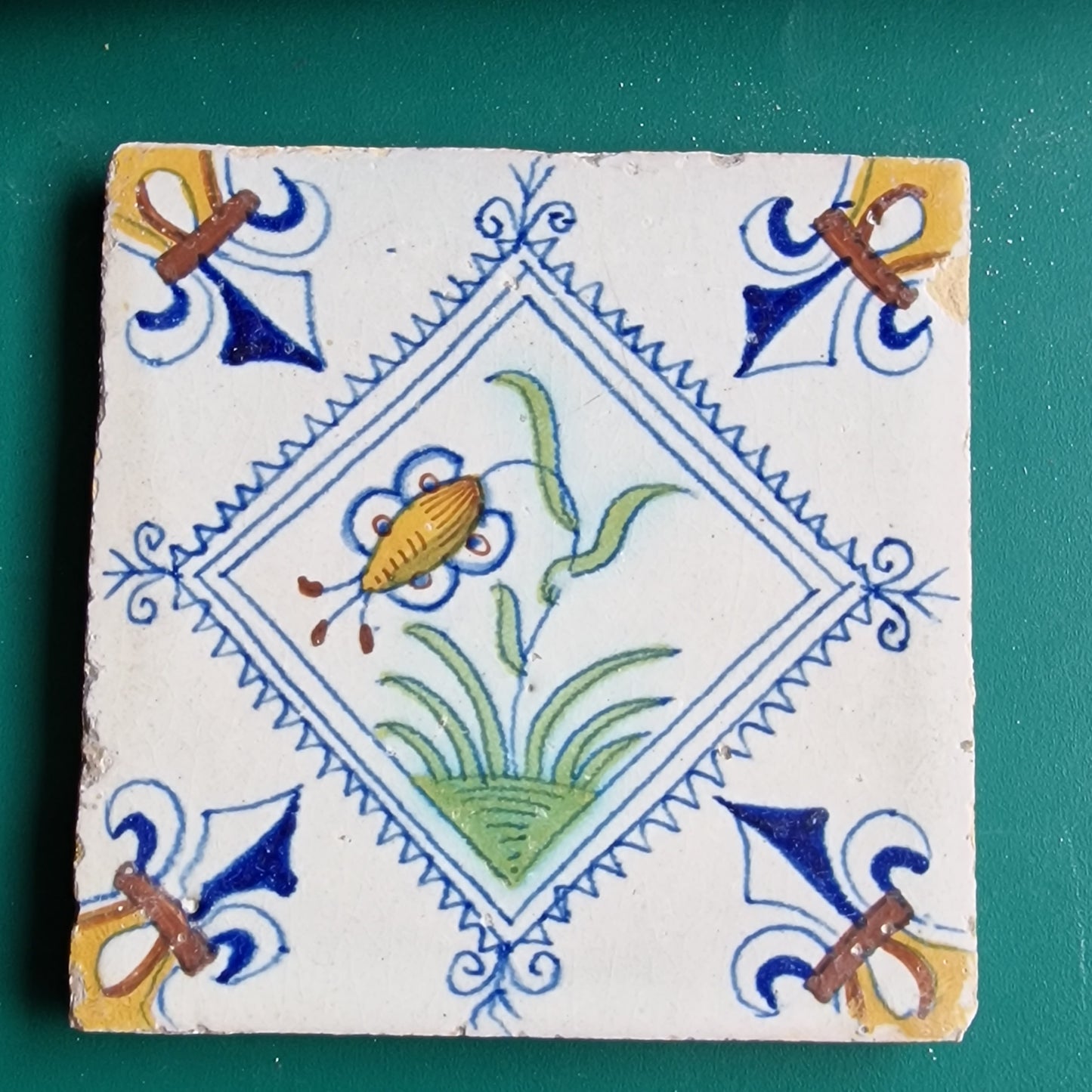 Rare Delft Tile, 17th Century Dutch Flower Stamp (13x13 cm)