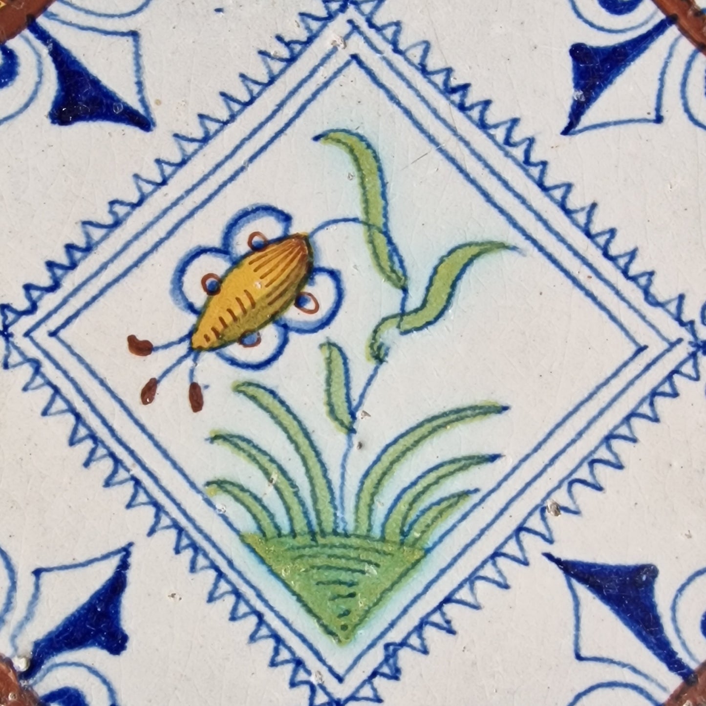 Rare Delft Tile, 17th Century Dutch Flower Stamp (13x13 cm)
