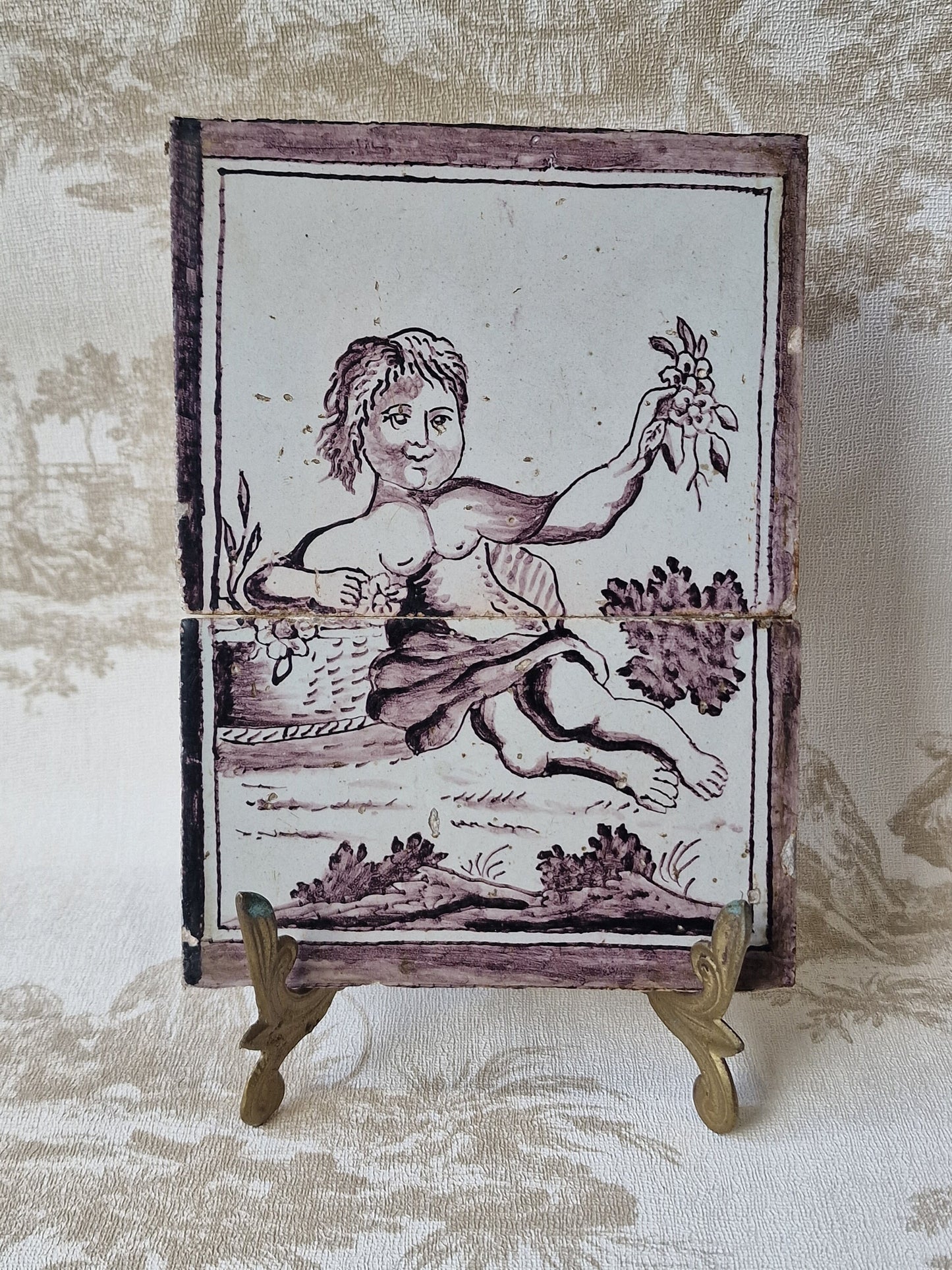 Rare 1750s Delft Tile Tableau, Dutch Manganese Goddess of Flowers