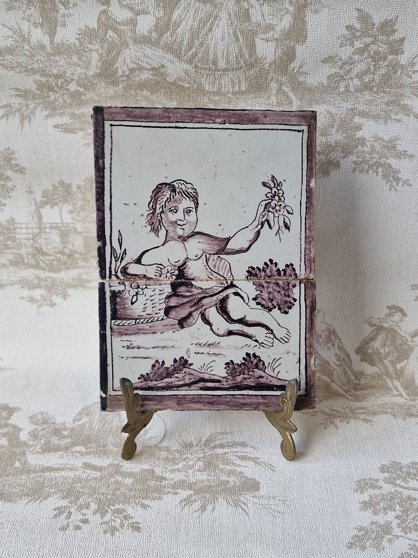 Rare 1750s Delft Tile Tableau, Dutch Manganese Goddess of Flowers