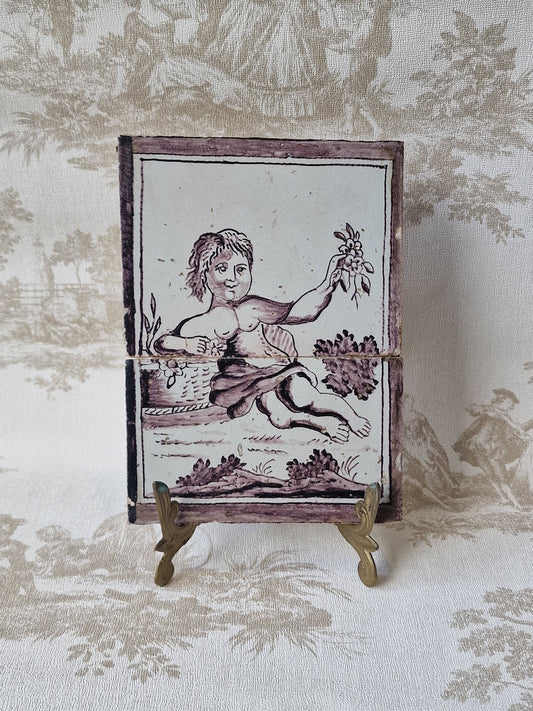 Rare 1750s Delft Tile Tableau, Dutch Manganese Goddess of Flowers