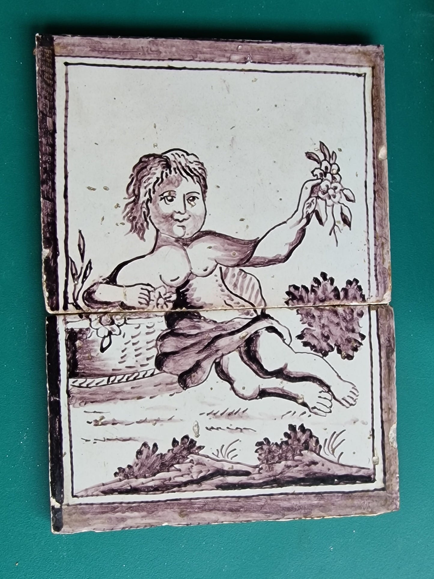 Rare 1750s Delft Tile Tableau, Dutch Manganese Goddess of Flowers