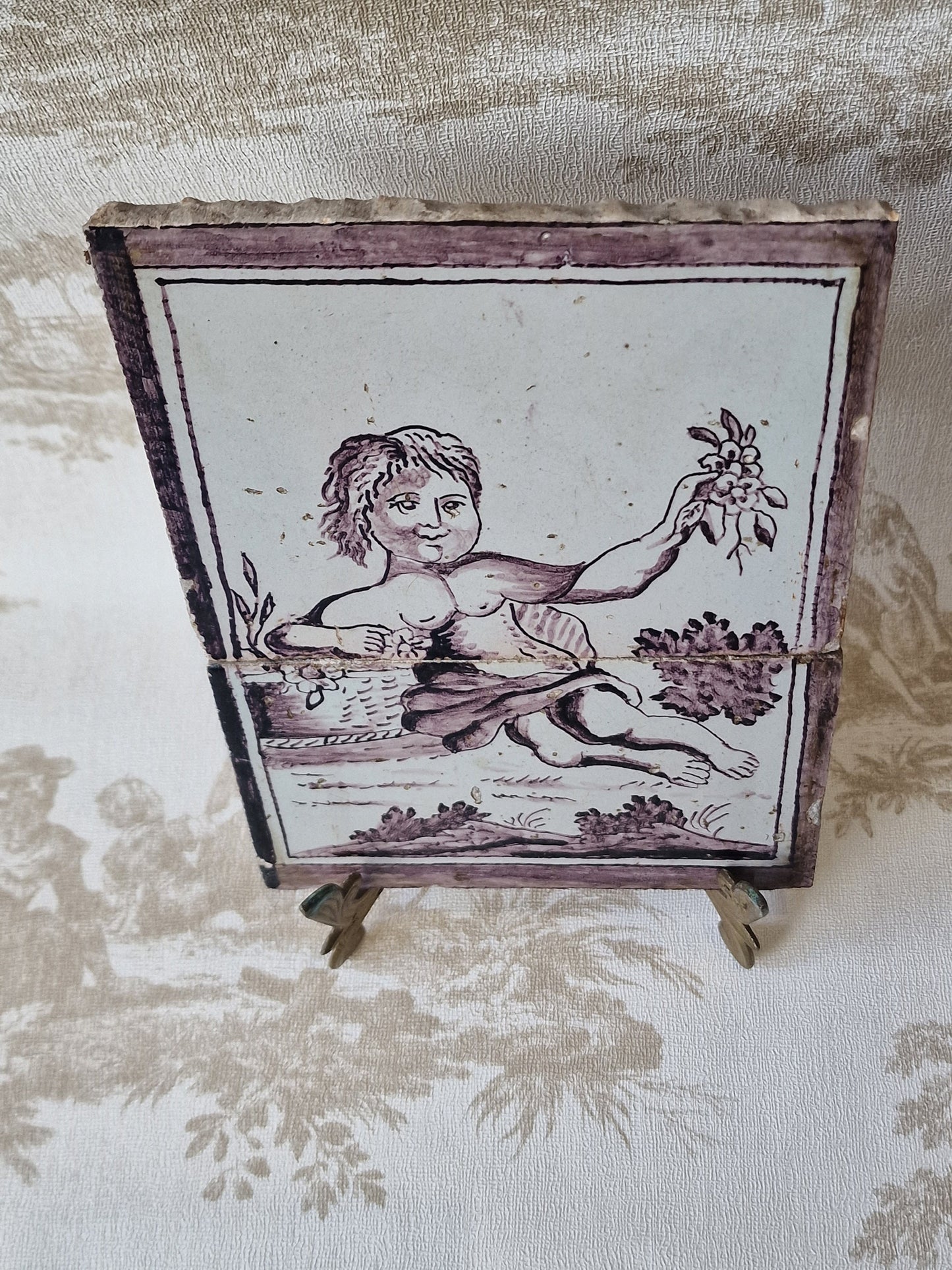 Rare 1750s Delft Tile Tableau, Dutch Manganese Goddess of Flowers