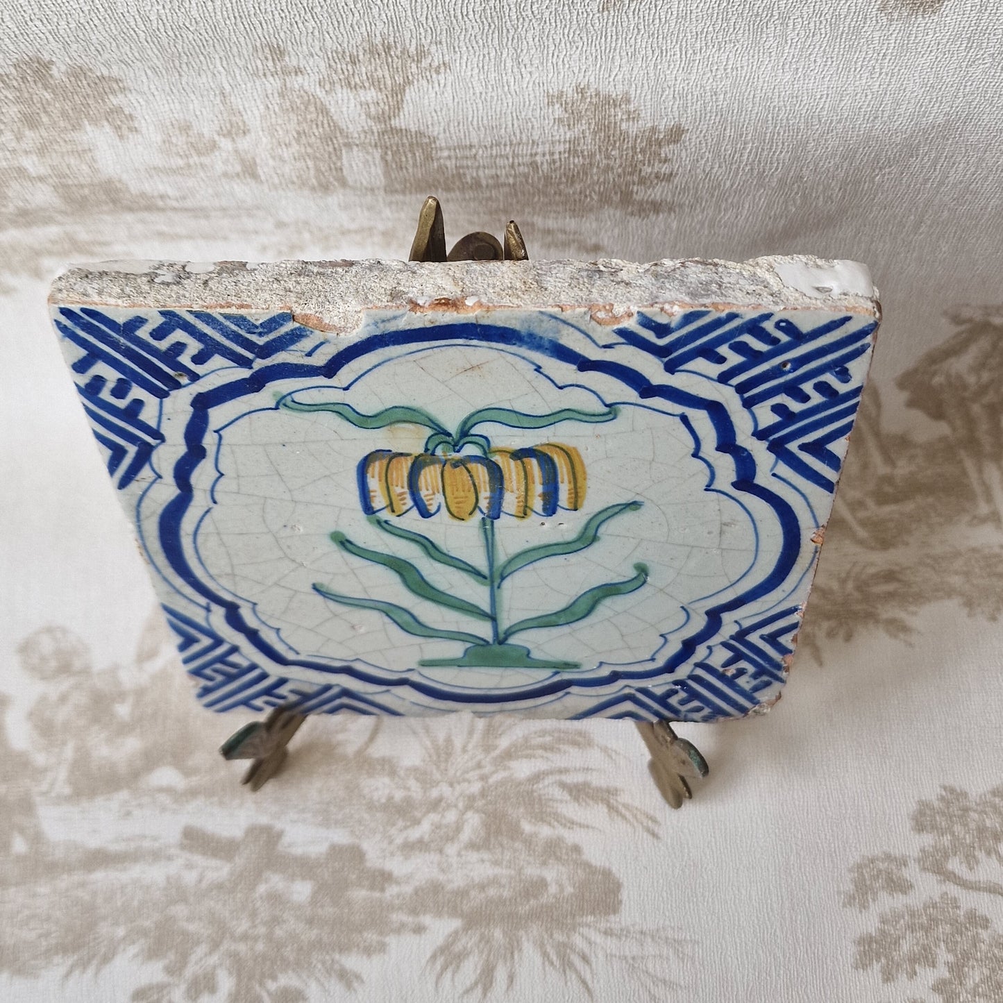 Antique Dutch Delft Tile – Imperial Crown Flower, 17th Century