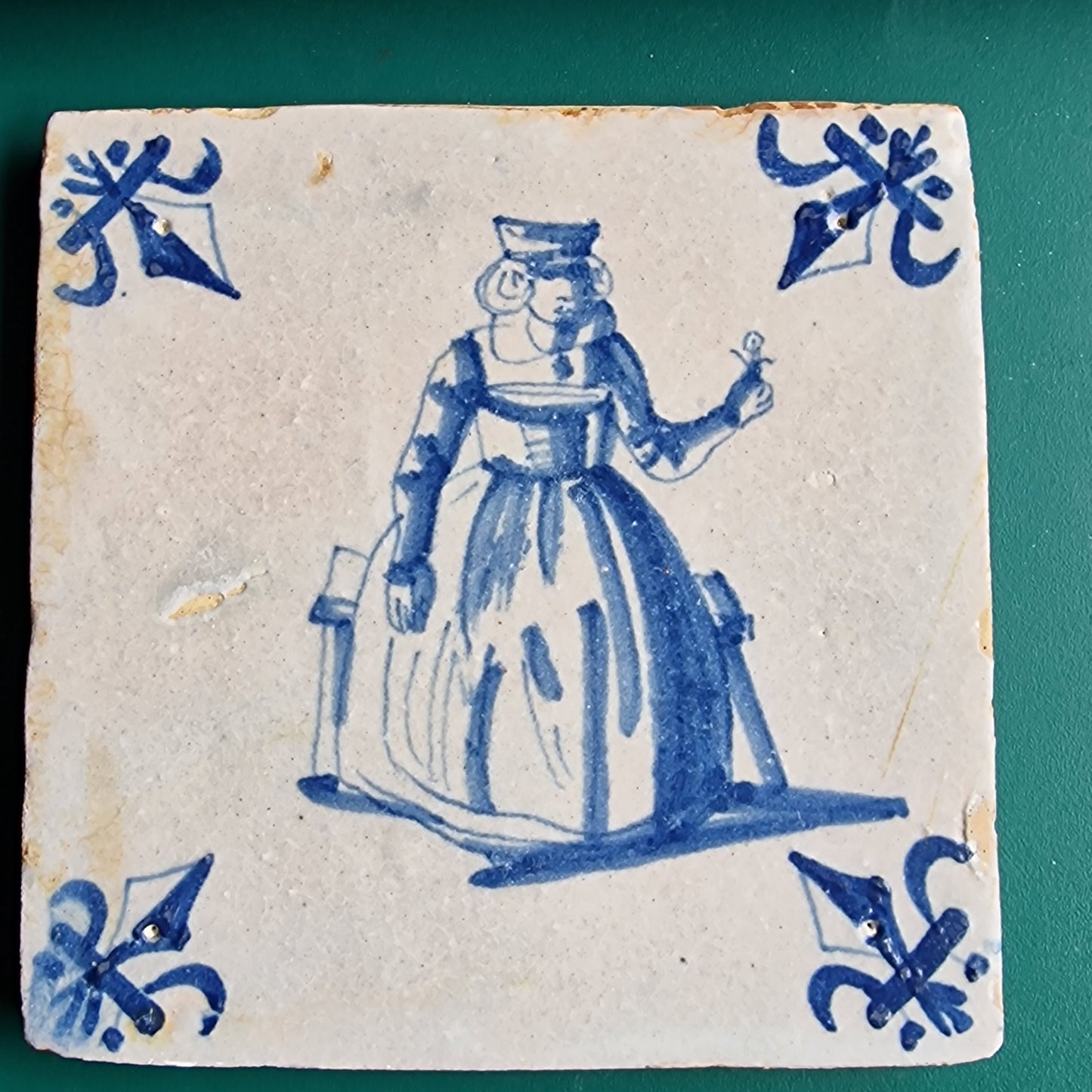 Antique Delft Tile, 17th Century Dutch Girl with Flower