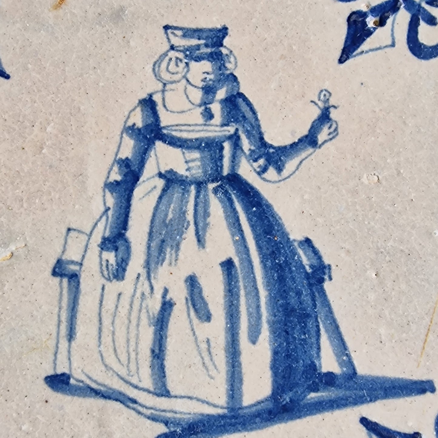 Antique Delft Tile, 17th Century Dutch Girl with Flower