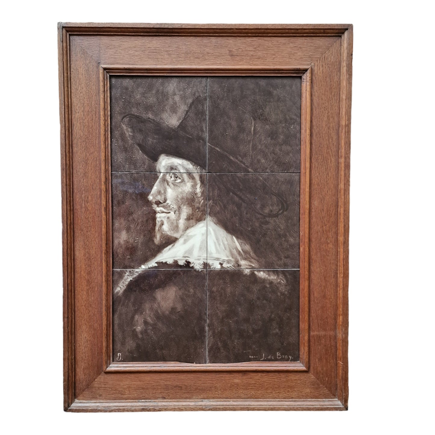 Antique Gouda Tile Tableau, J de Bray Portrait, Sepia Hand-Painted Tiles