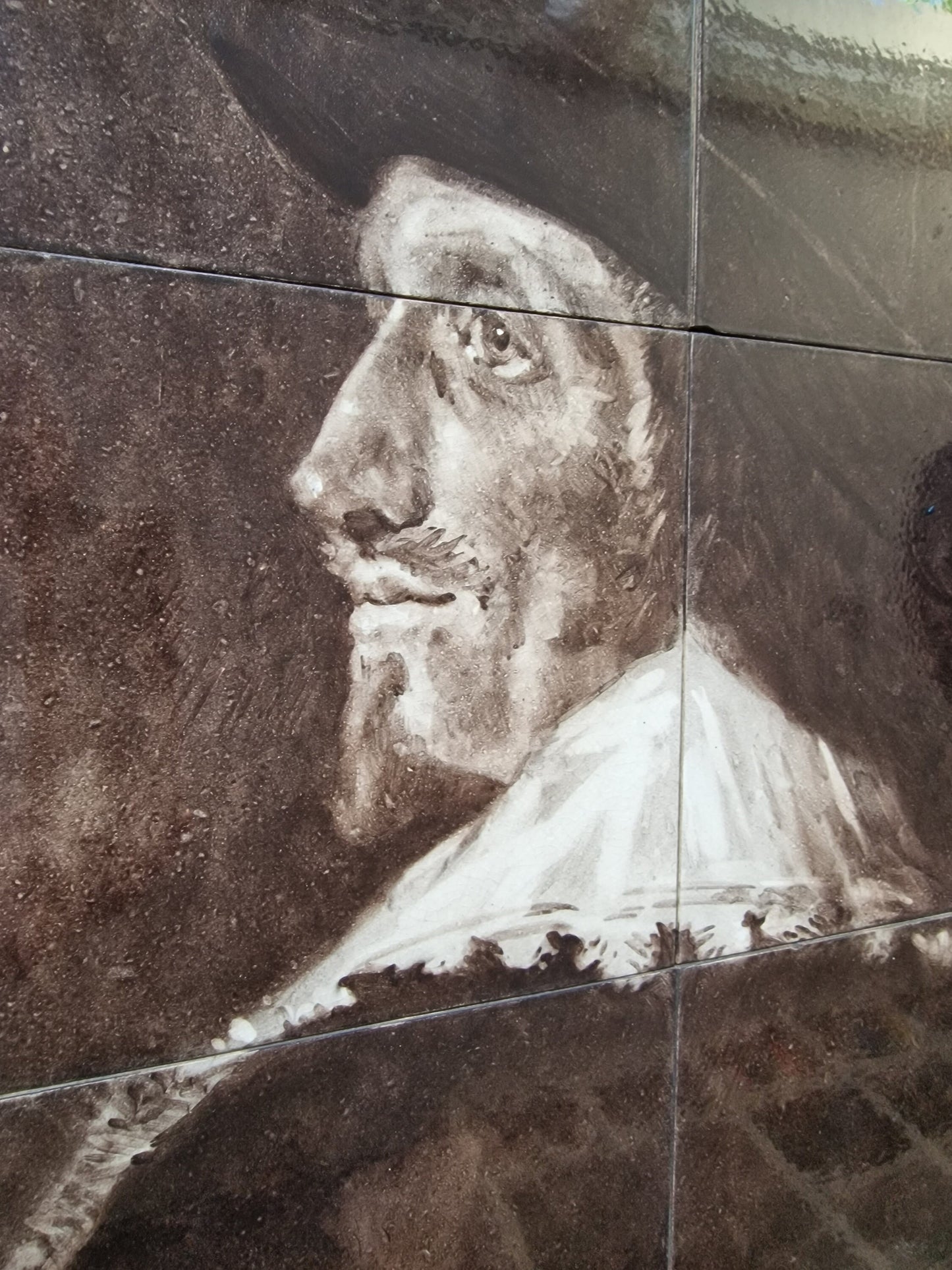 Antique Gouda Tile Tableau, J de Bray Portrait, Sepia Hand-Painted Tiles
