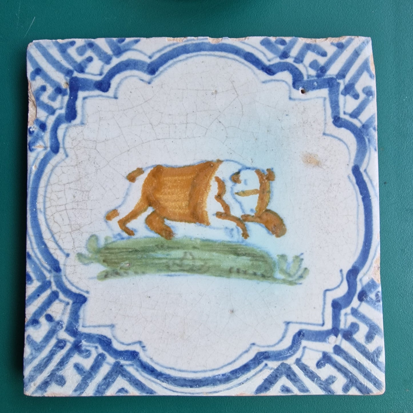 Antique Delft Tile – 17th Century Dutch Polychrome Bear, Wan Li Meander