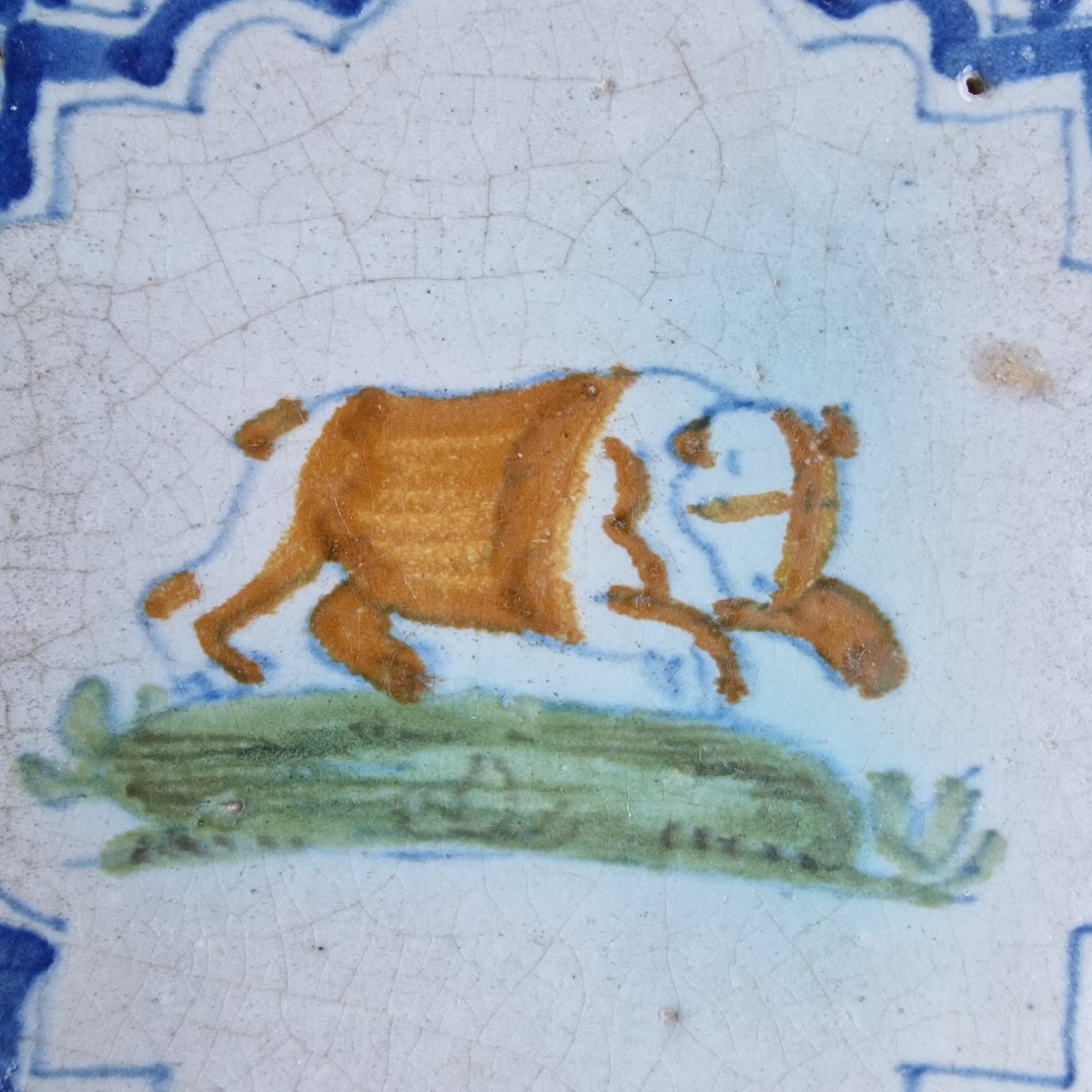 Antique Delft Tile – 17th Century Dutch Polychrome Bear, Wan Li Meander