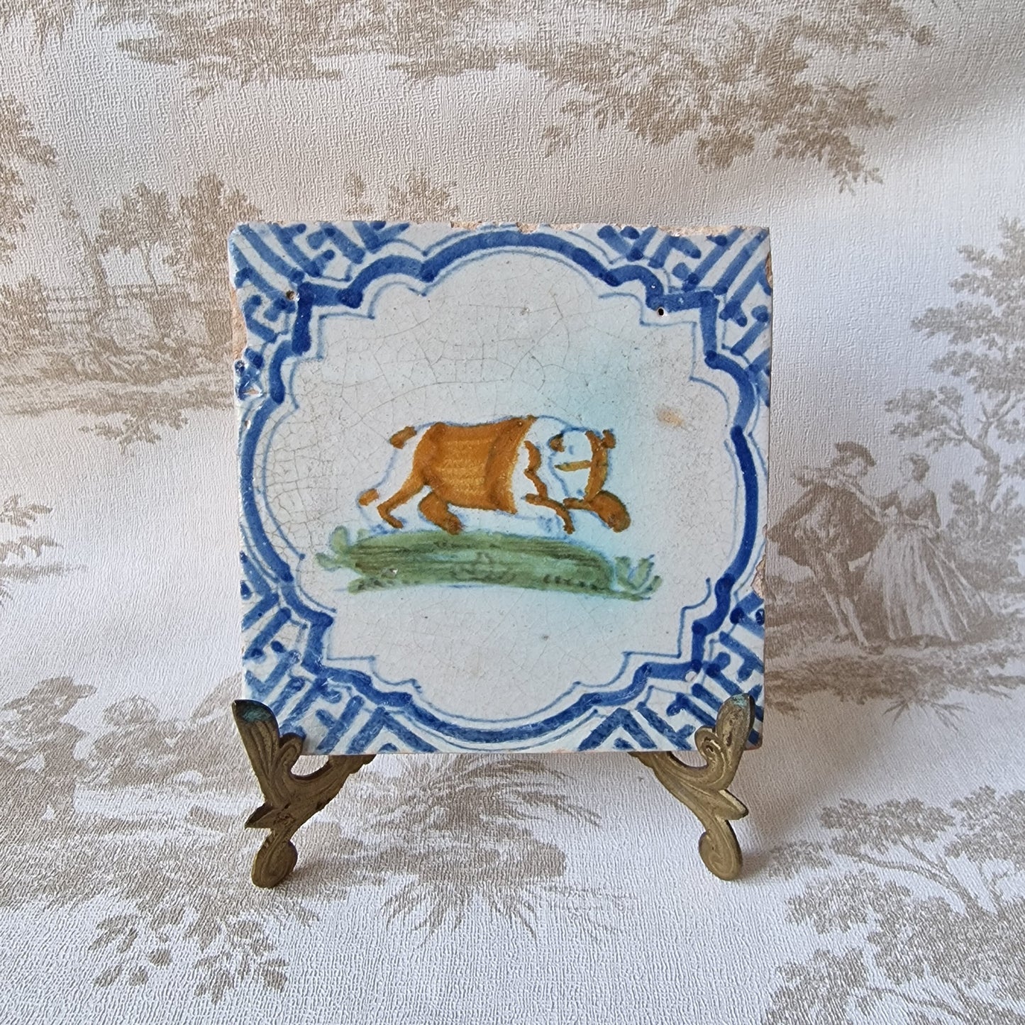 Antique Delft Tile – 17th Century Dutch Polychrome Bear, Wan Li Meander
