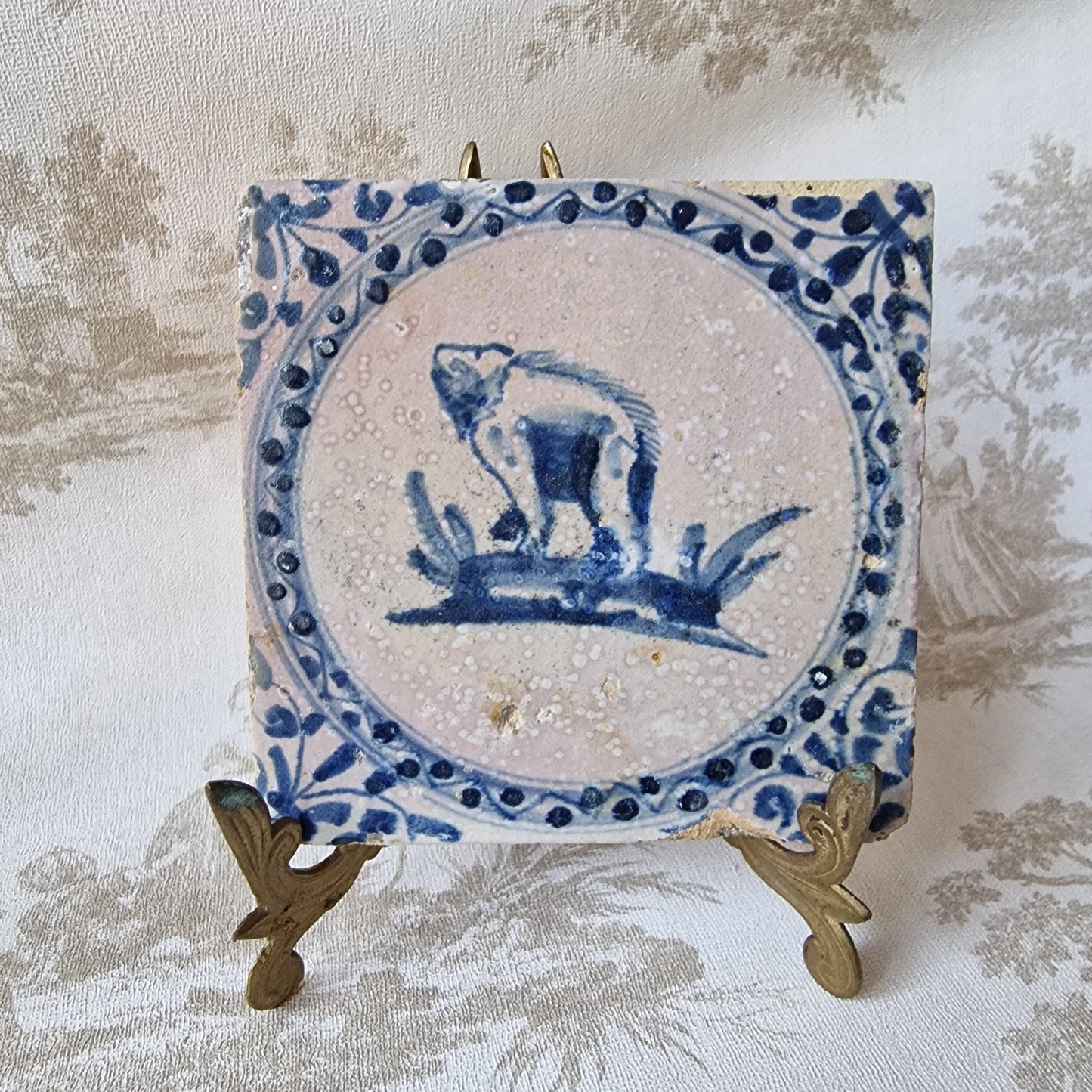 Antique Dutch Delft Tile – Bear Motif, Circa 1600
