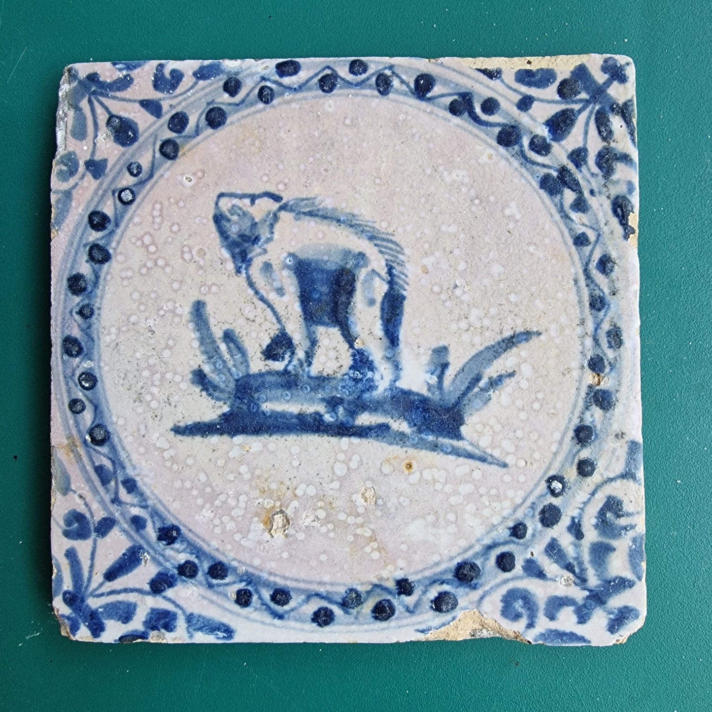 Antique Dutch Delft Tile – Bear Motif, Circa 1600