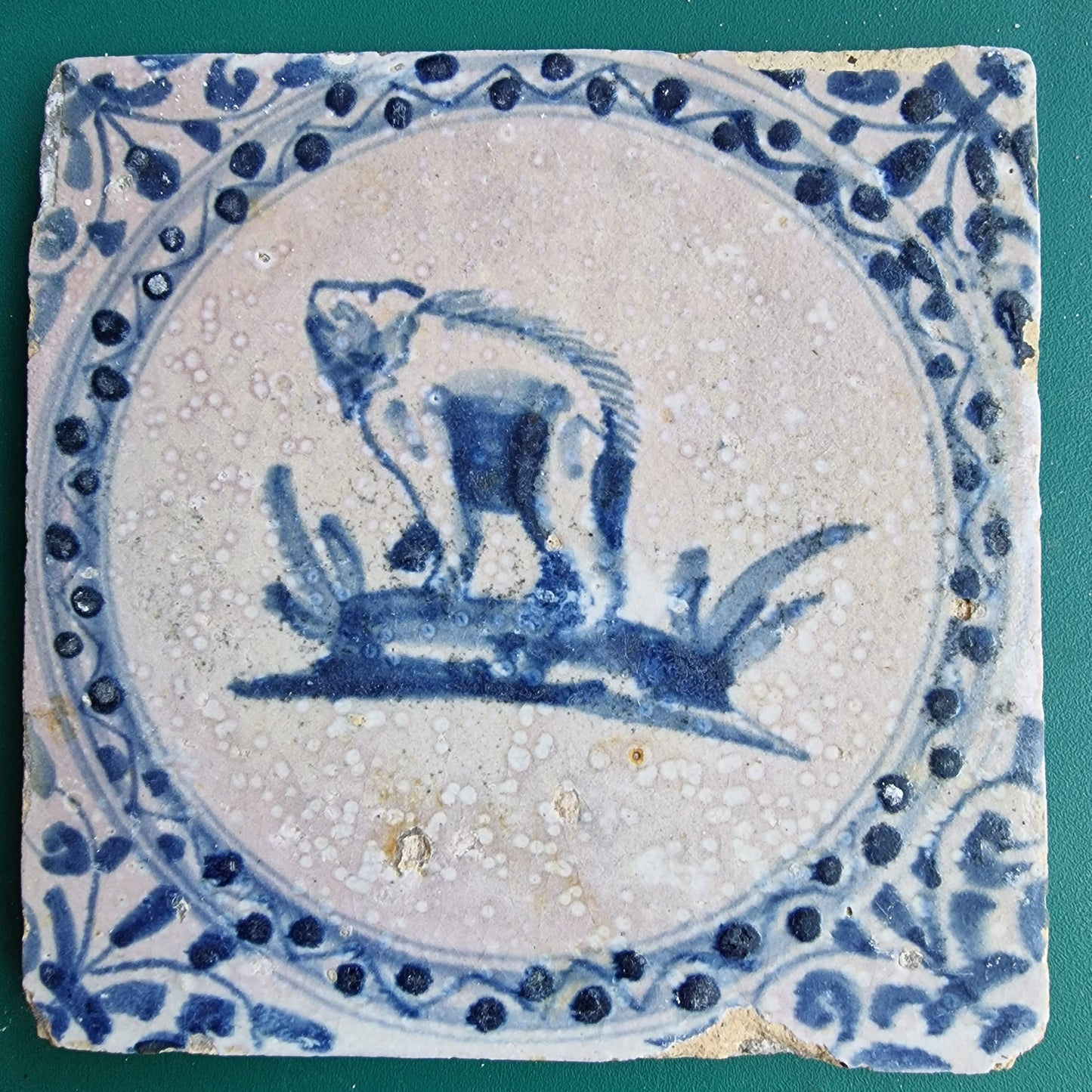 Antique Dutch Delft Tile – Bear Motif, Circa 1600