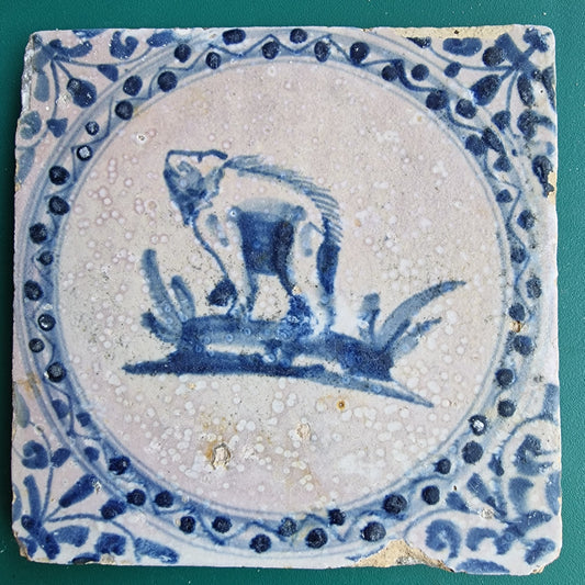Antique Dutch Delft Tile – Bear Motif, Circa 1600