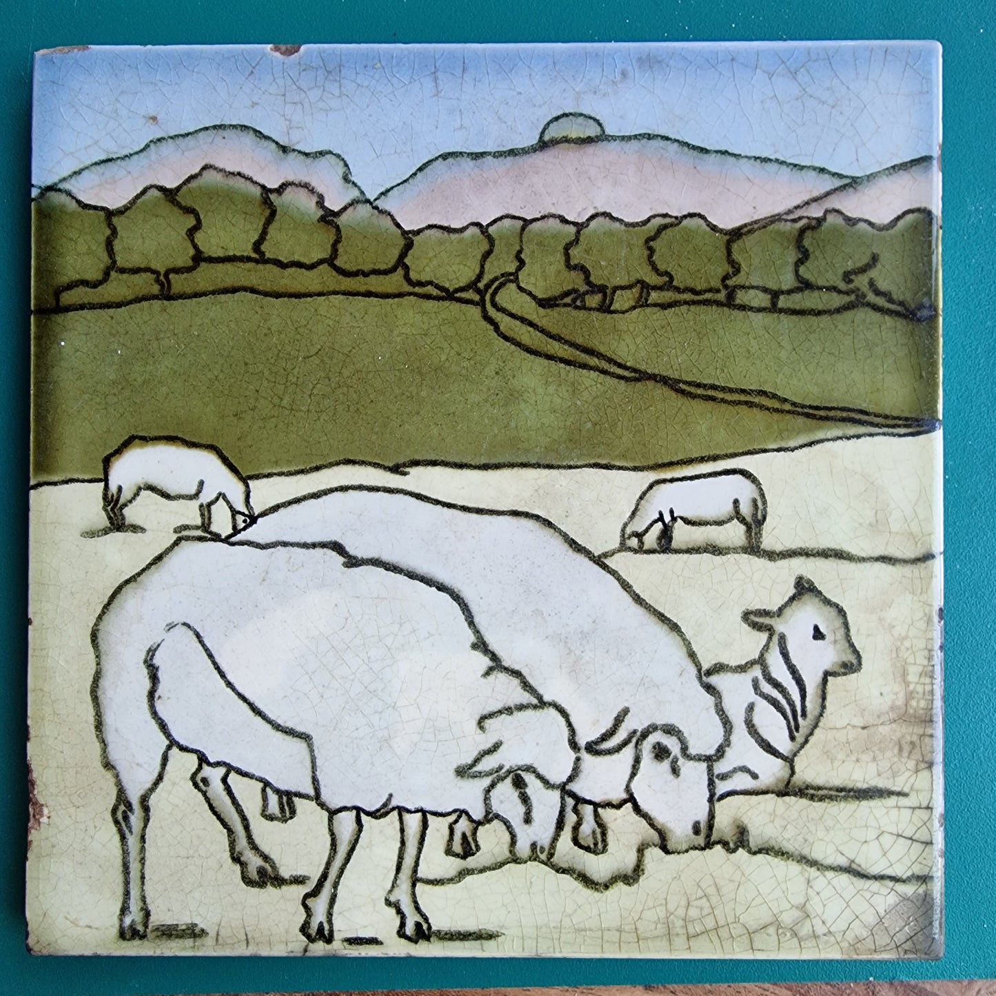 Antique Art Nouveau Tile, Boizenburg Henri Cassiers Sheep Design, c1910