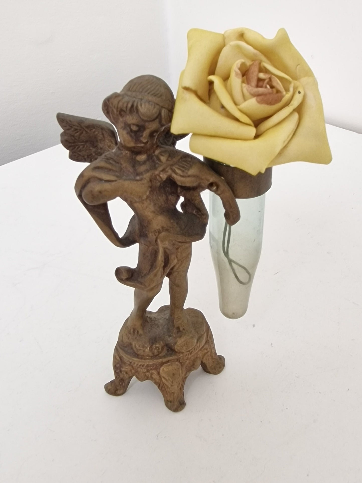 Art Nouveau Jugendstil bronze angel child vase mouth blown glass in cherub holder, Europe, antiques, reminiscence, memories