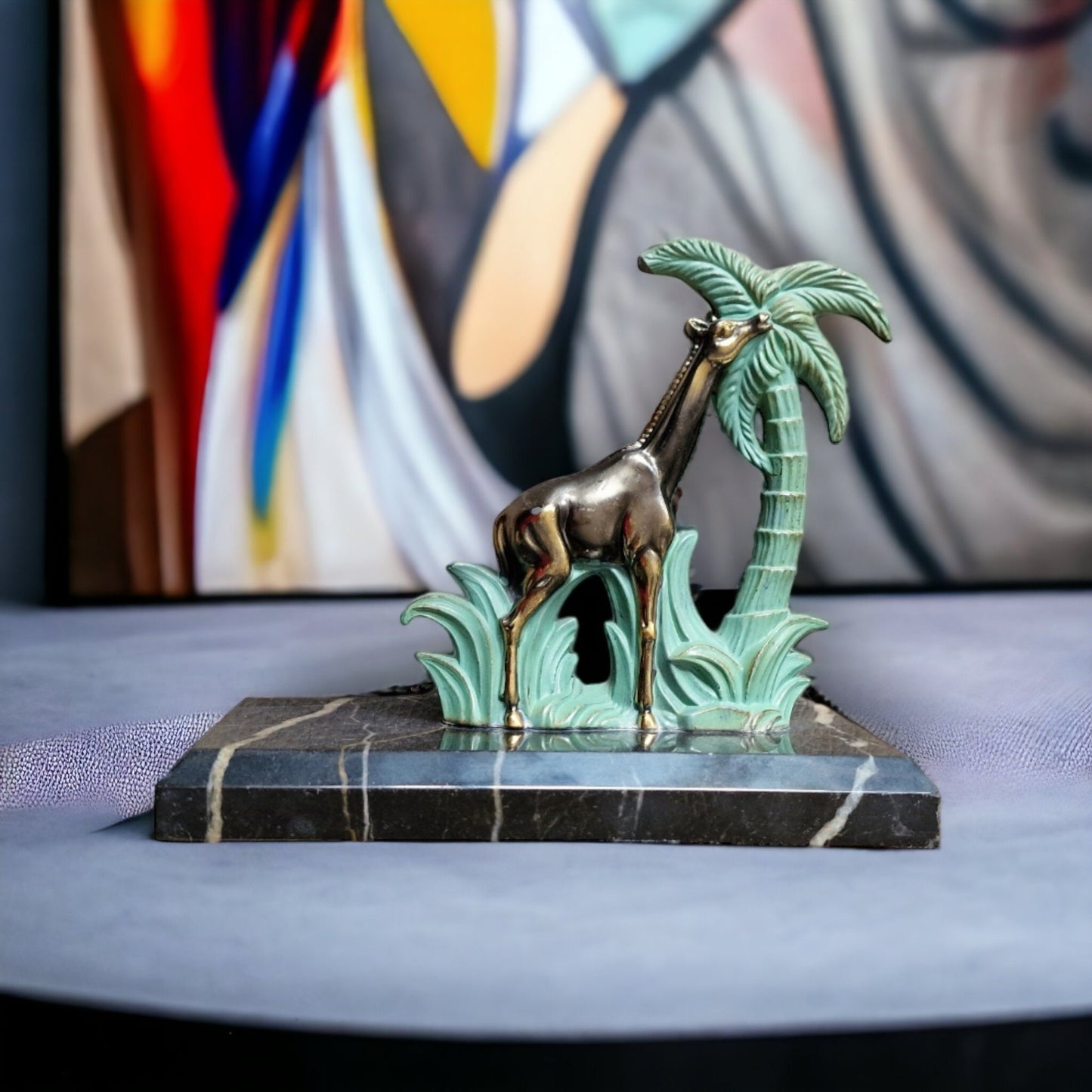 Art Deco Bronze Giraffe Bookend, Cold Painted Austrian Marble Figure