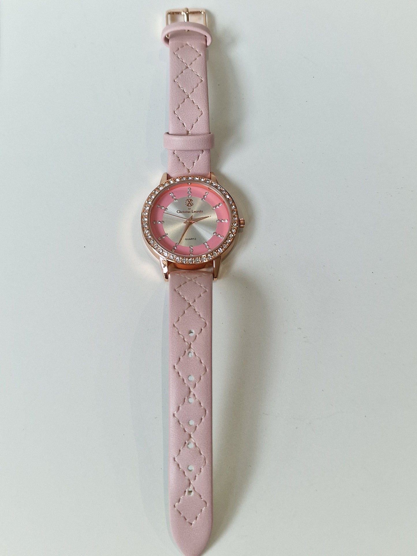 Christian Lacroix, Authentic, fancy barbie pink crystal Women French Quartz Watch RoseGold leather crystal girls shiny chunky bubble jewels