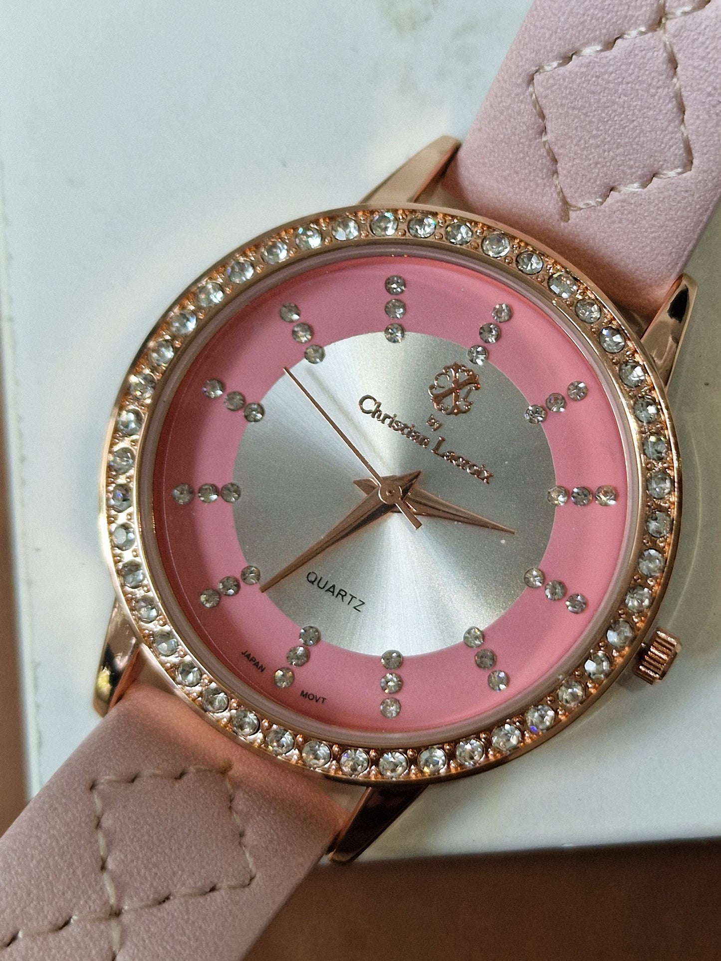 Christian Lacroix, Authentic, fancy barbie pink crystal Women French Quartz Watch RoseGold leather crystal girls shiny chunky bubble jewels
