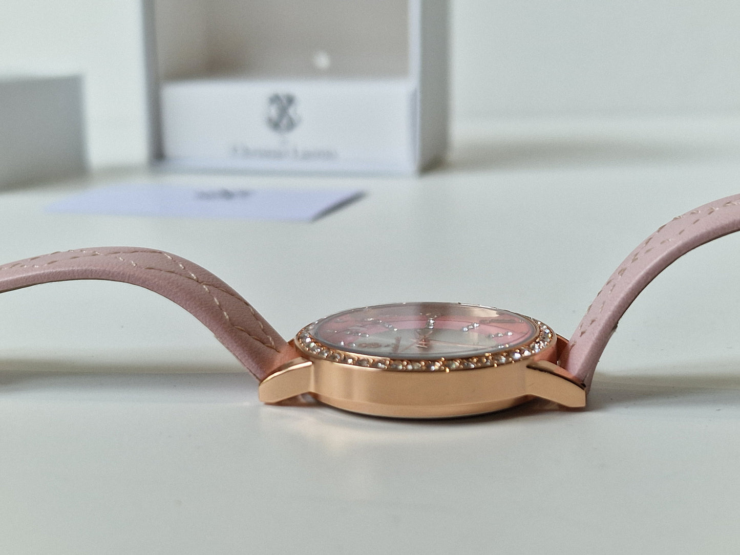 Christian Lacroix, Authentic, fancy barbie pink crystal Women French Quartz Watch RoseGold leather crystal girls shiny chunky bubble jewels