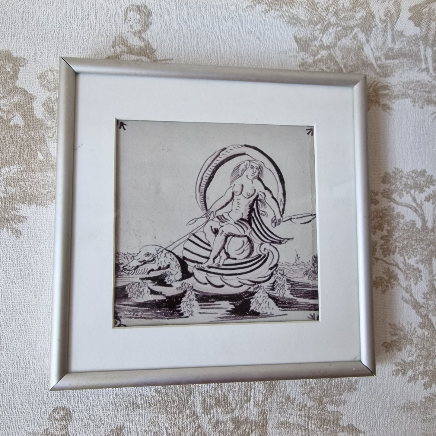 17th Century Framed Dutch Delft Tile, Fortuna Sea Creature, Manganese Painting