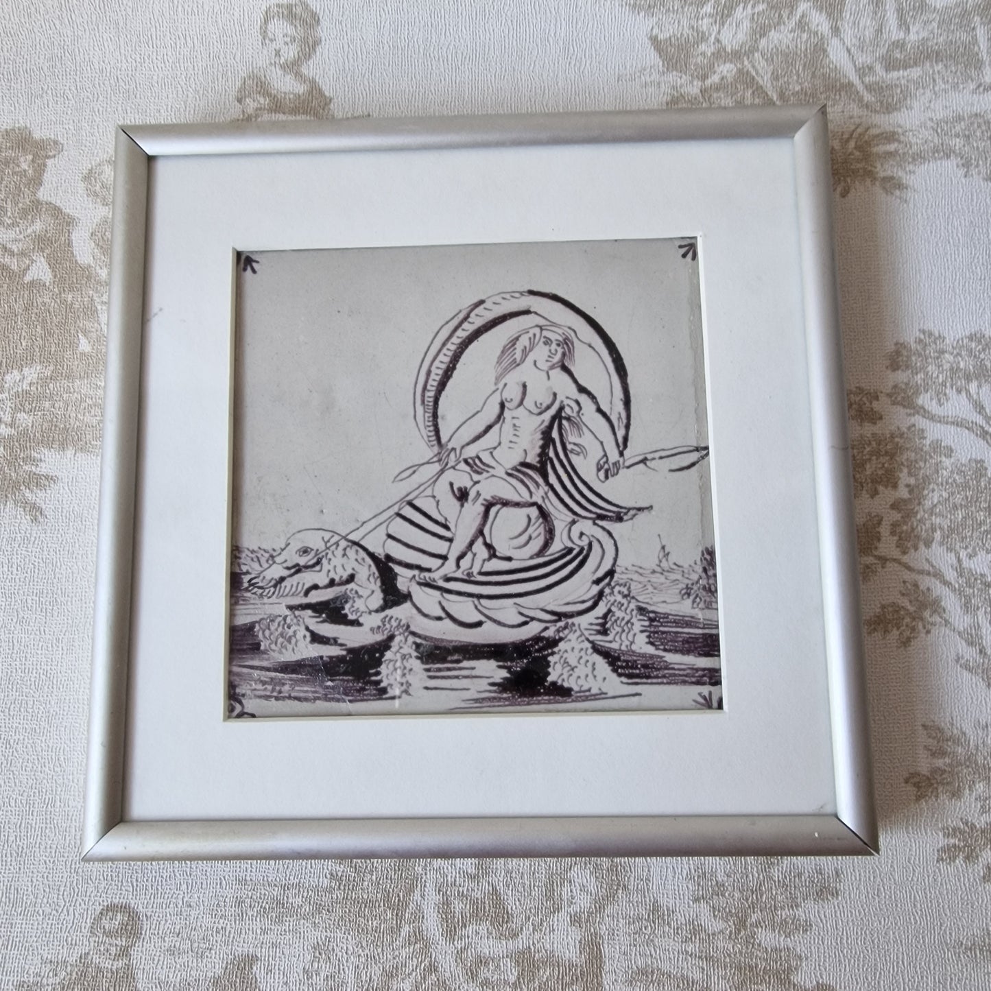 17th Century Framed Dutch Delft Tile, Fortuna Sea Creature, Manganese Painting