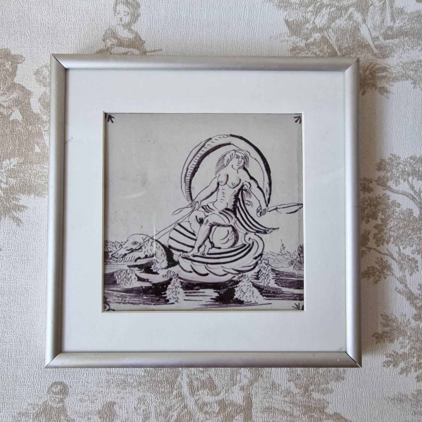 17th Century Framed Dutch Delft Tile, Fortuna Sea Creature, Manganese Painting