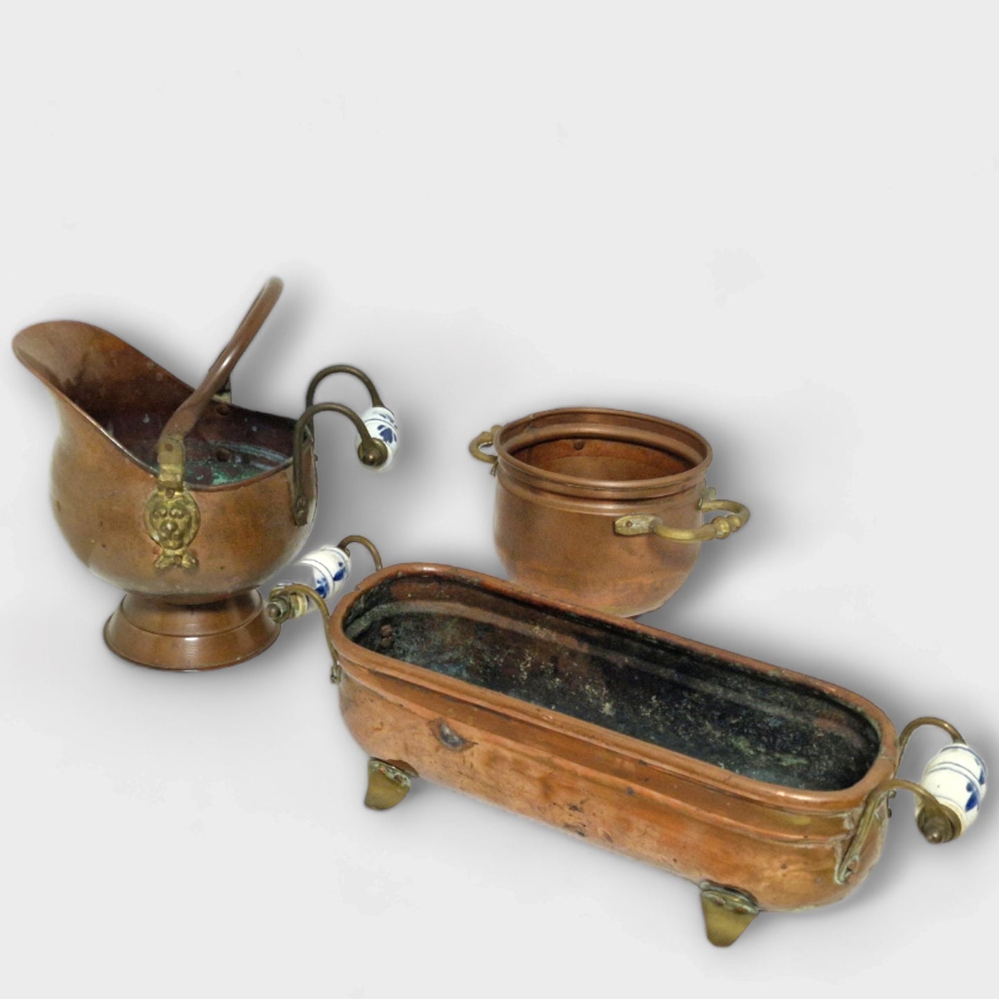 Antique Copper Jardiniere Set, Delft Porcelain Handles, Dutch Planter