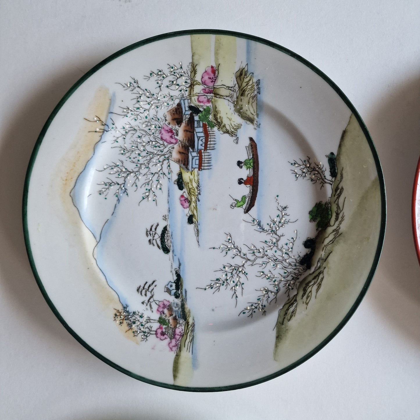 Antique Meiji Japanese Porcelain Plates, Geisha & Landscape Relief, Set of 4