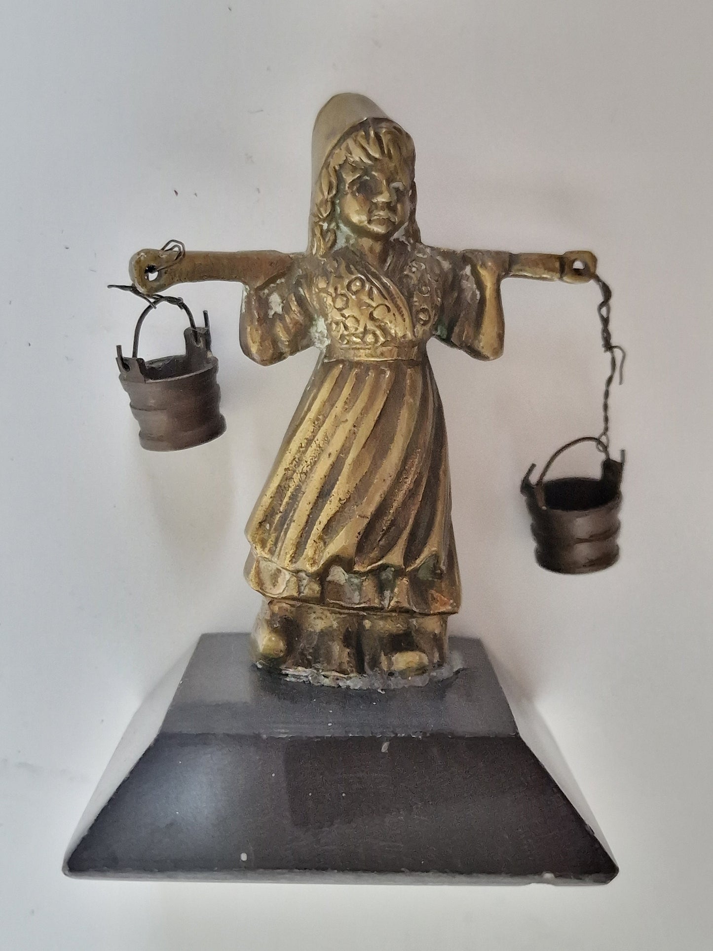 Vintage Dutch Milkmaid Bronze Figurine, Delft Tile Girl