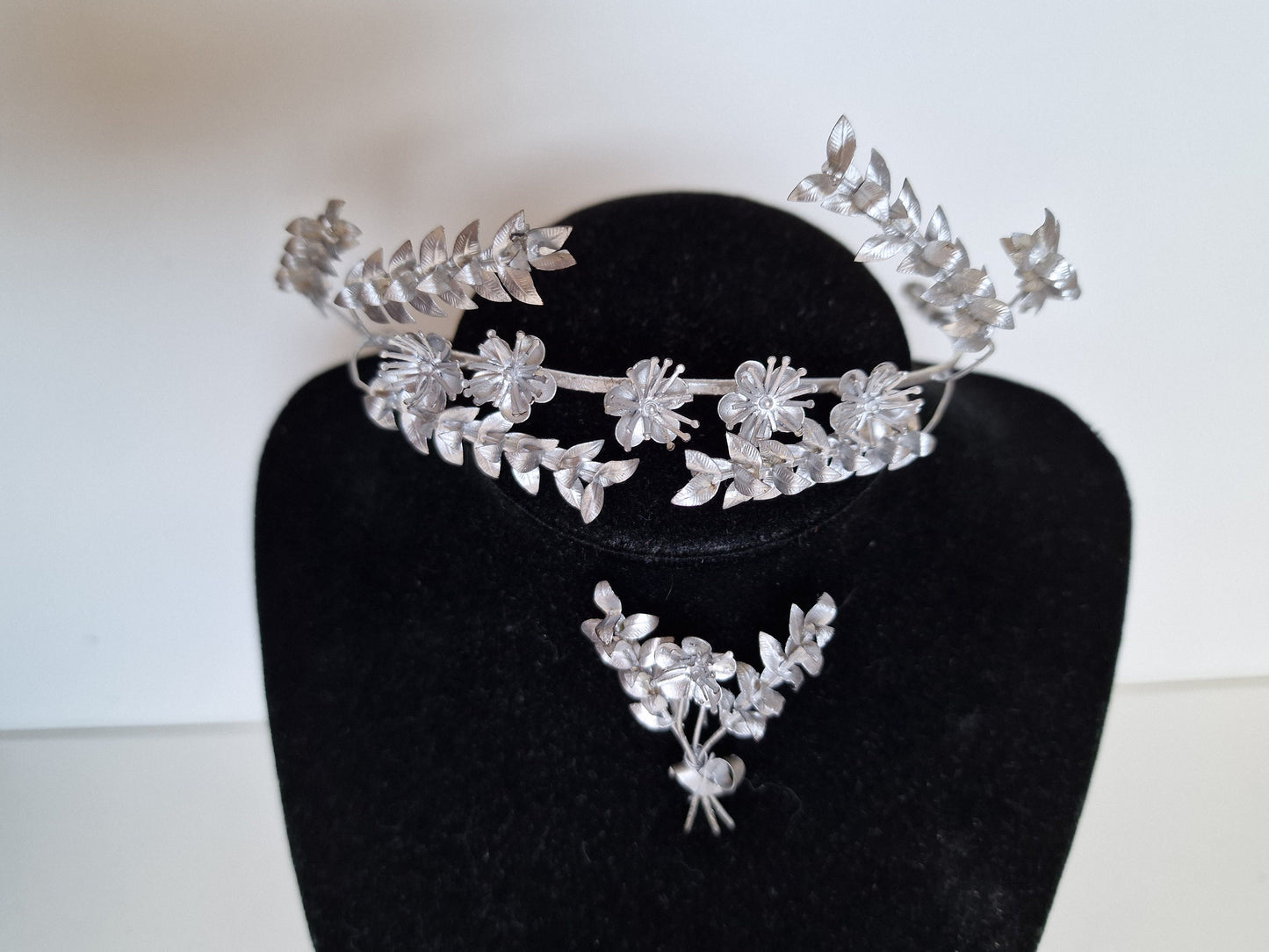 Silver Myrtle Leaf Bridal Crown and Groom Corsage, Charleston Period