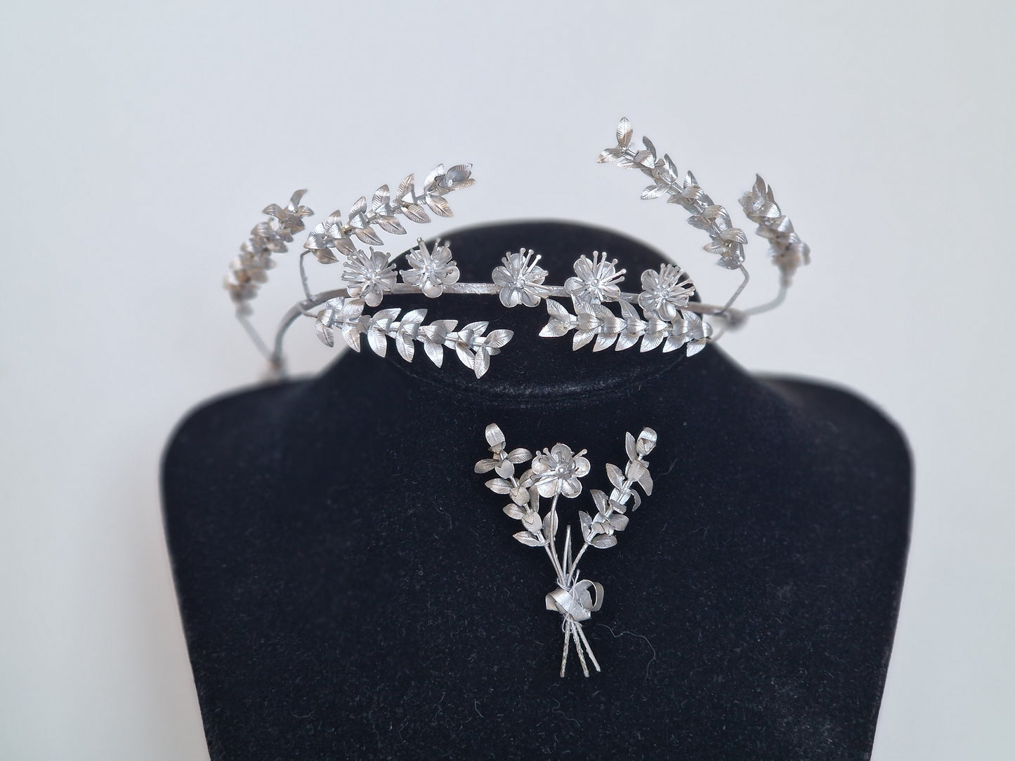 Silver Myrtle Leaf Bridal Crown and Groom Corsage, Charleston Period