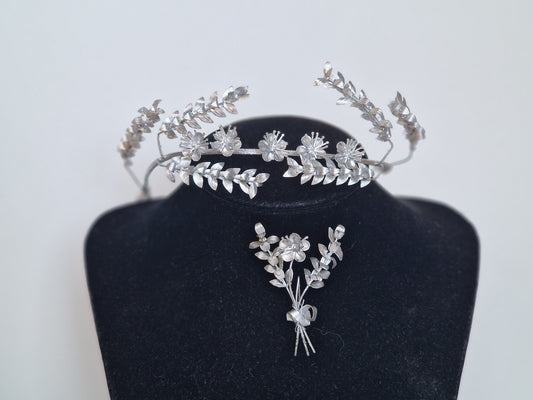 Silver Myrtle Leaf Bridal Crown and Groom Corsage, Charleston Period