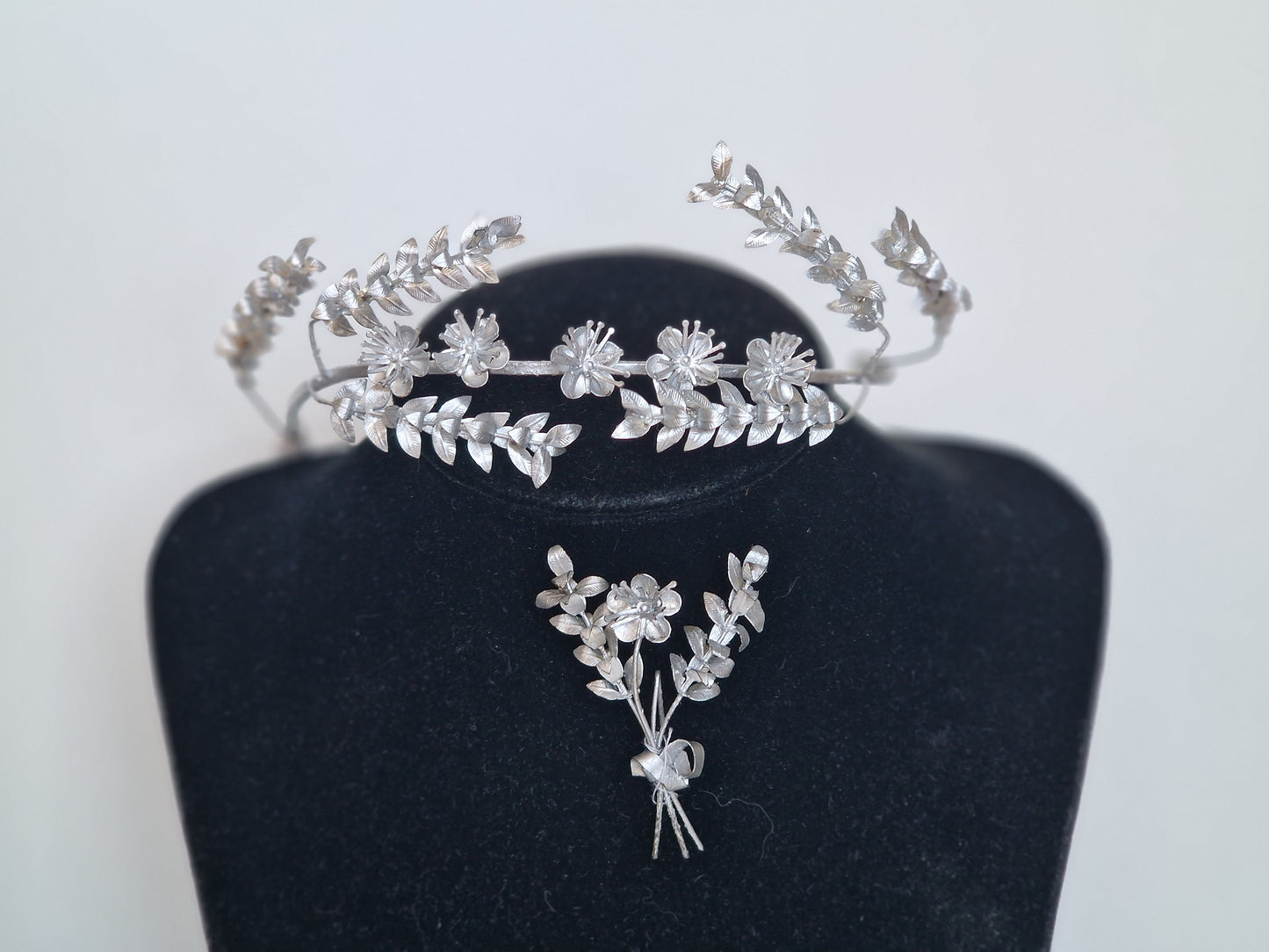 Silver Myrtle Leaf Bridal Crown and Groom Corsage, Charleston Period