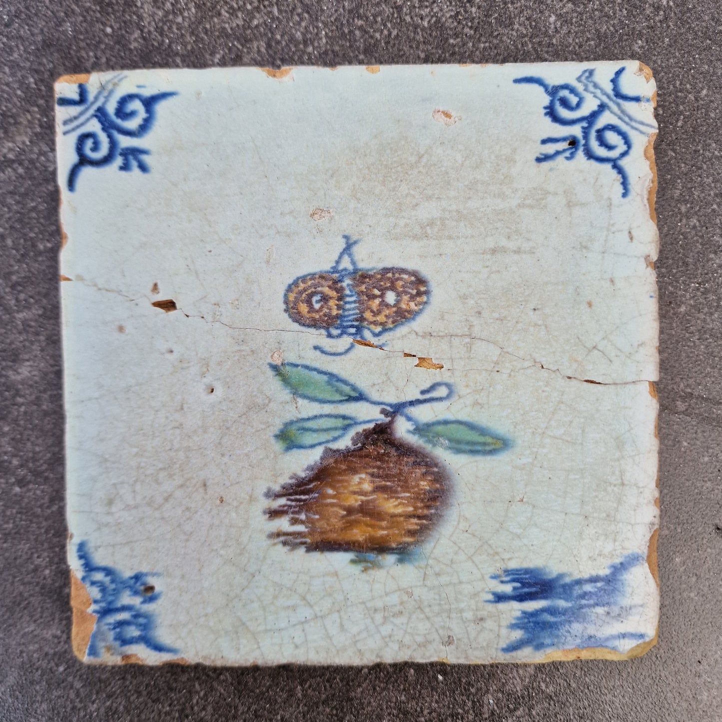 Antique Dutch Tile – Polychrome Butterfly & Fruit, Dated 1630
