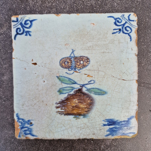 Antique Dutch Tile – Polychrome Butterfly & Fruit, Dated 1630