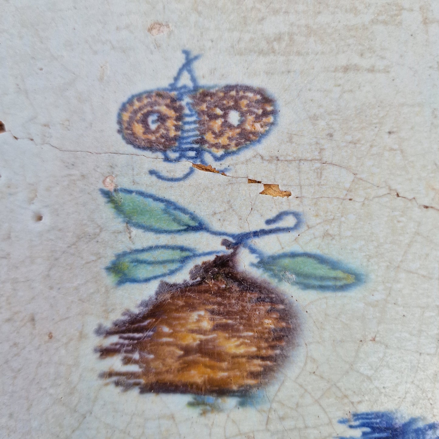 Antique Dutch Tile – Polychrome Butterfly & Fruit, Dated 1630