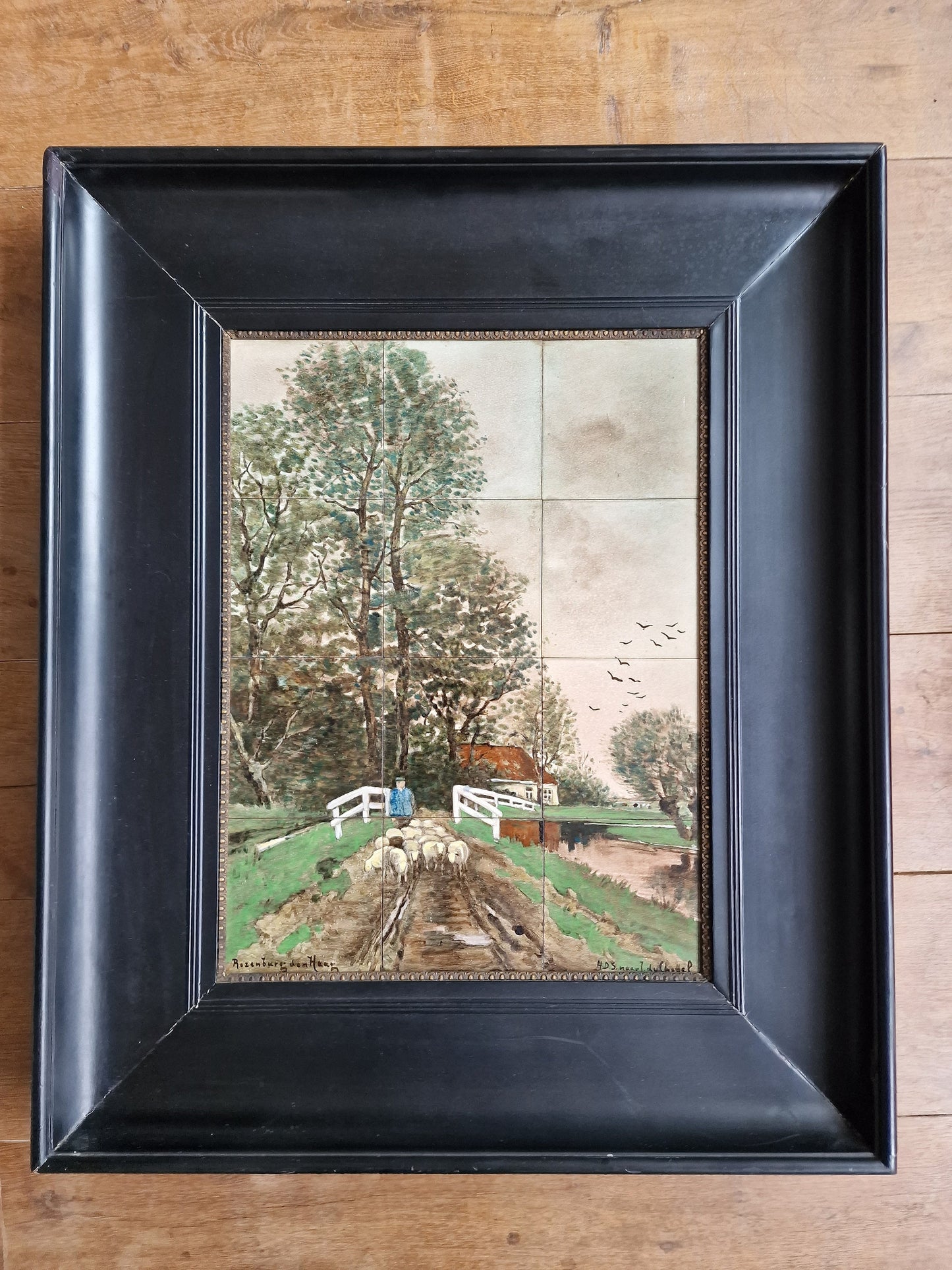 Rozenburg Hand-Painted Tile Tableau, Dutch Landscape, Framed Art c1900