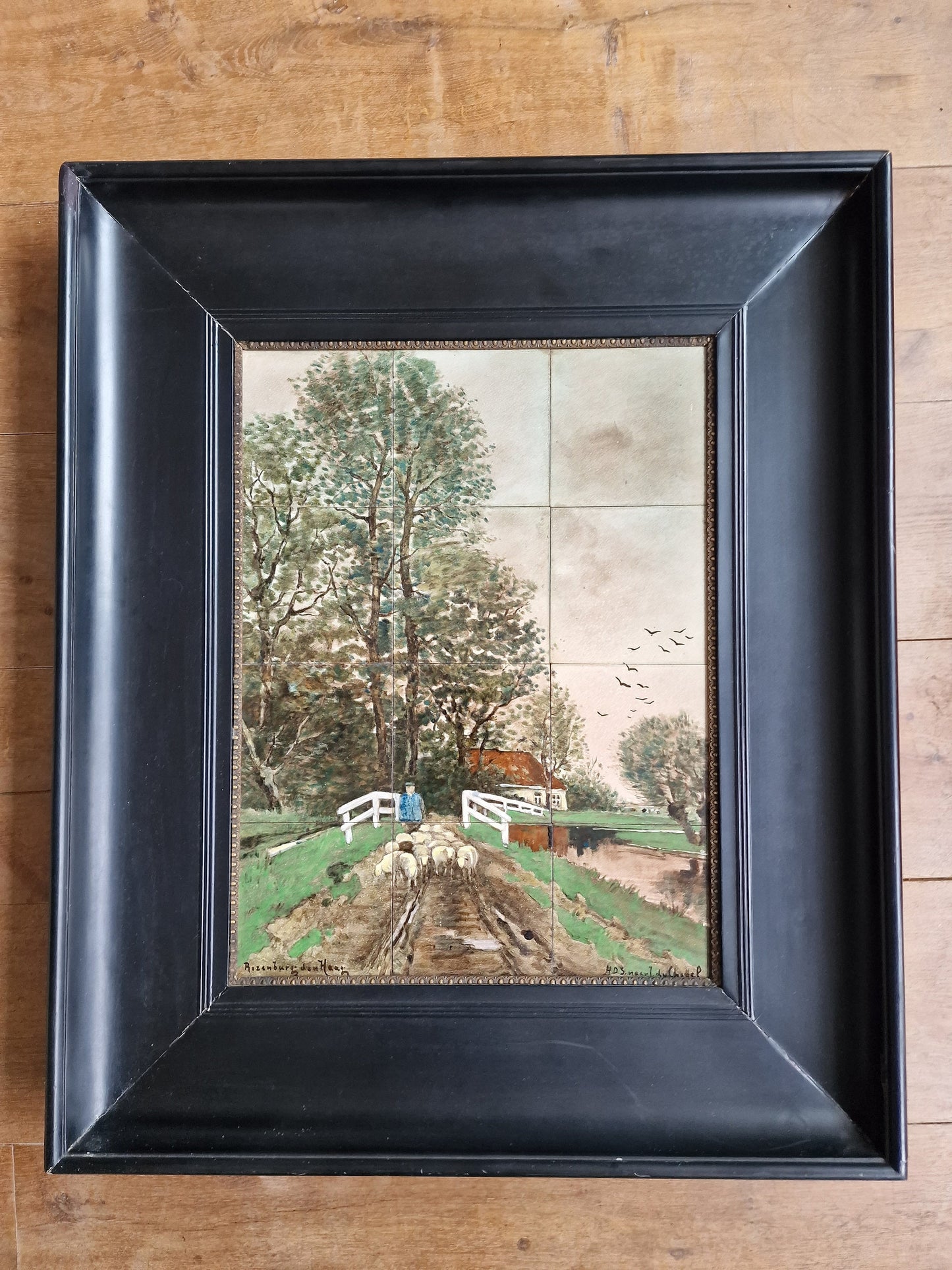Rozenburg Hand-Painted Tile Tableau, Dutch Landscape, Framed Art c1900