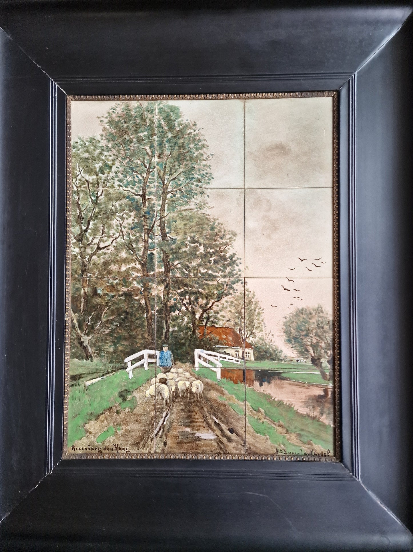 Rozenburg Hand-Painted Tile Tableau, Dutch Landscape, Framed Art c1900