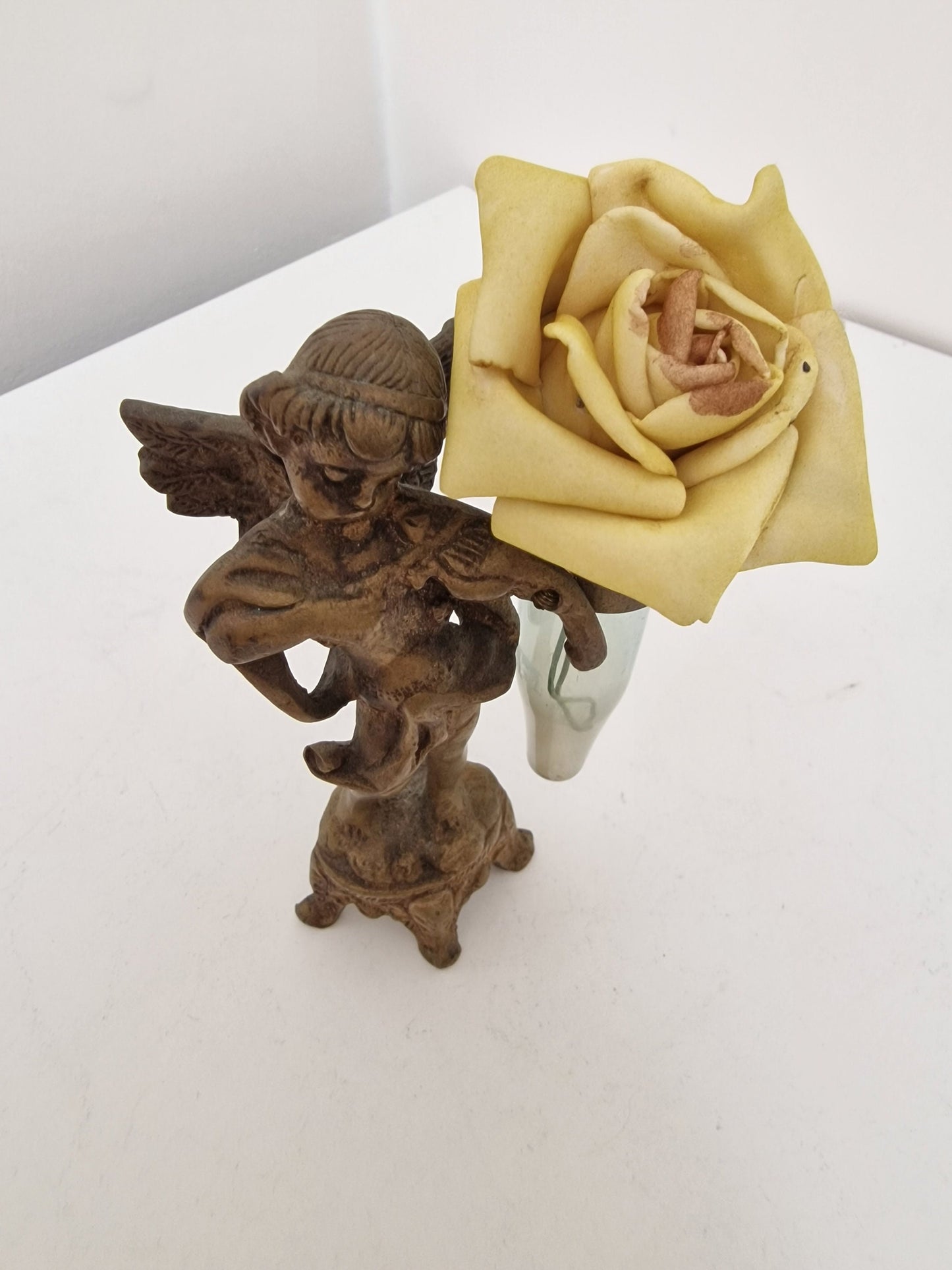 Art Nouveau Jugendstil bronze angel child vase mouth blown glass in cherub holder, Europe, antiques, reminiscence, memories