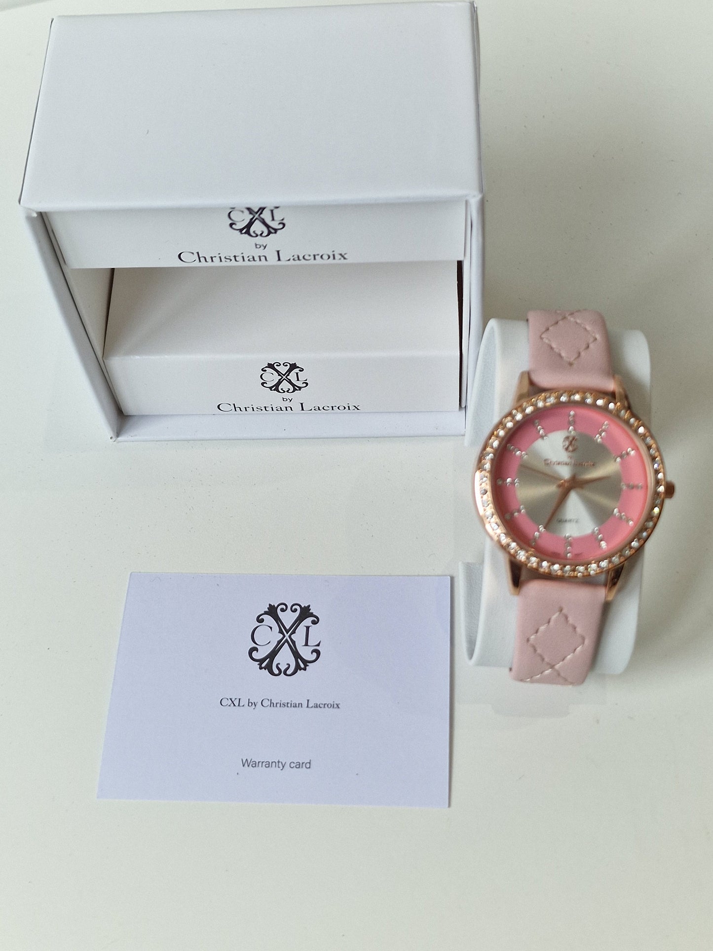 Christian Lacroix, Authentic, fancy barbie pink crystal Women French Quartz Watch RoseGold leather crystal girls shiny chunky bubble jewels