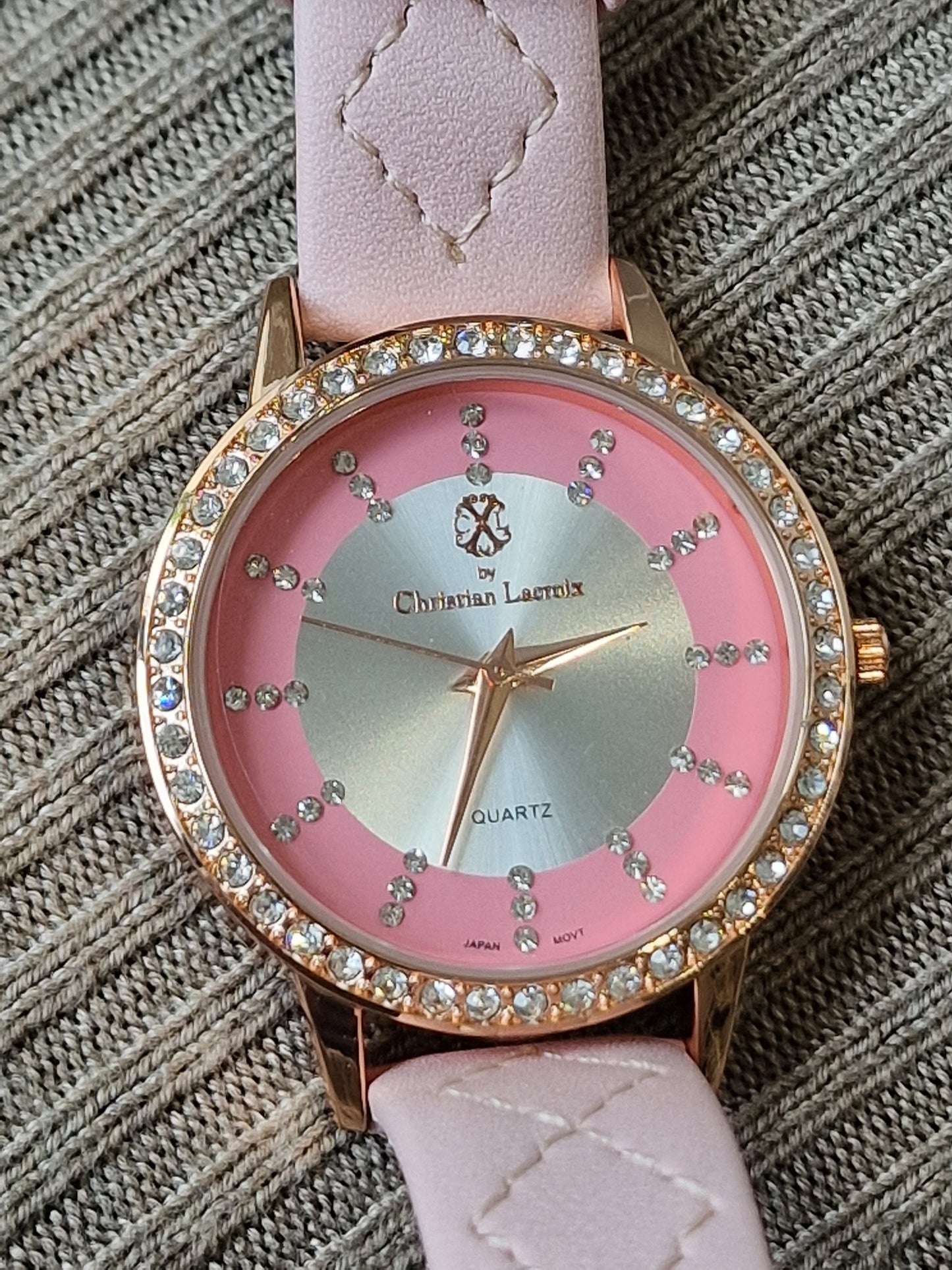 Christian Lacroix, Authentic, fancy barbie pink crystal Women French Quartz Watch RoseGold leather crystal girls shiny chunky bubble jewels