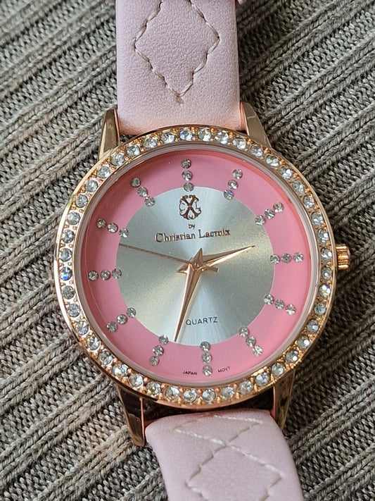 Christian Lacroix, Authentic, fancy barbie pink crystal Women French Quartz Watch RoseGold leather crystal girls shiny chunky bubble jewels