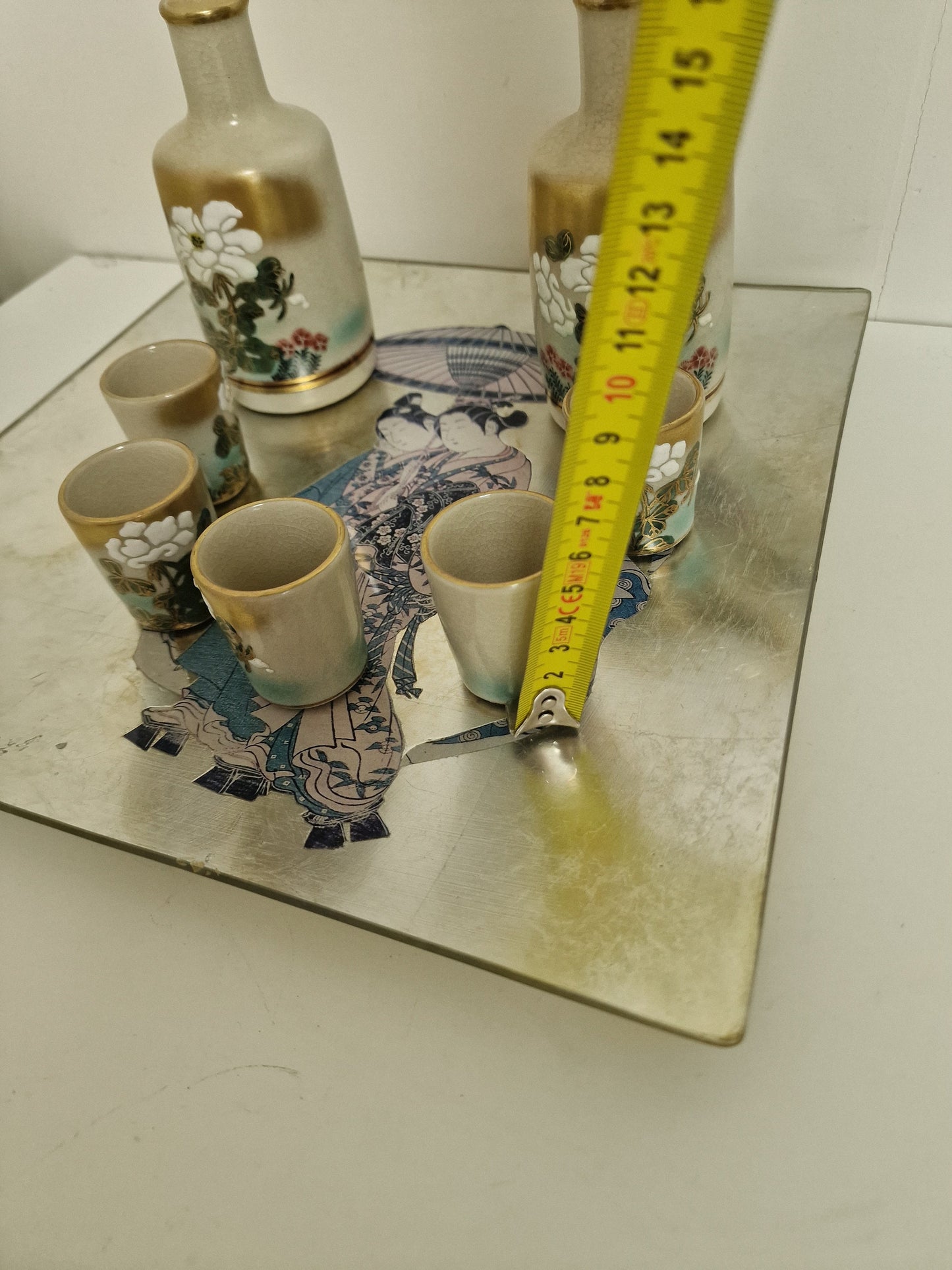Vintage sake kutani plus Carole Stupell Signed Asian Glass Plate Charger with Sake Set