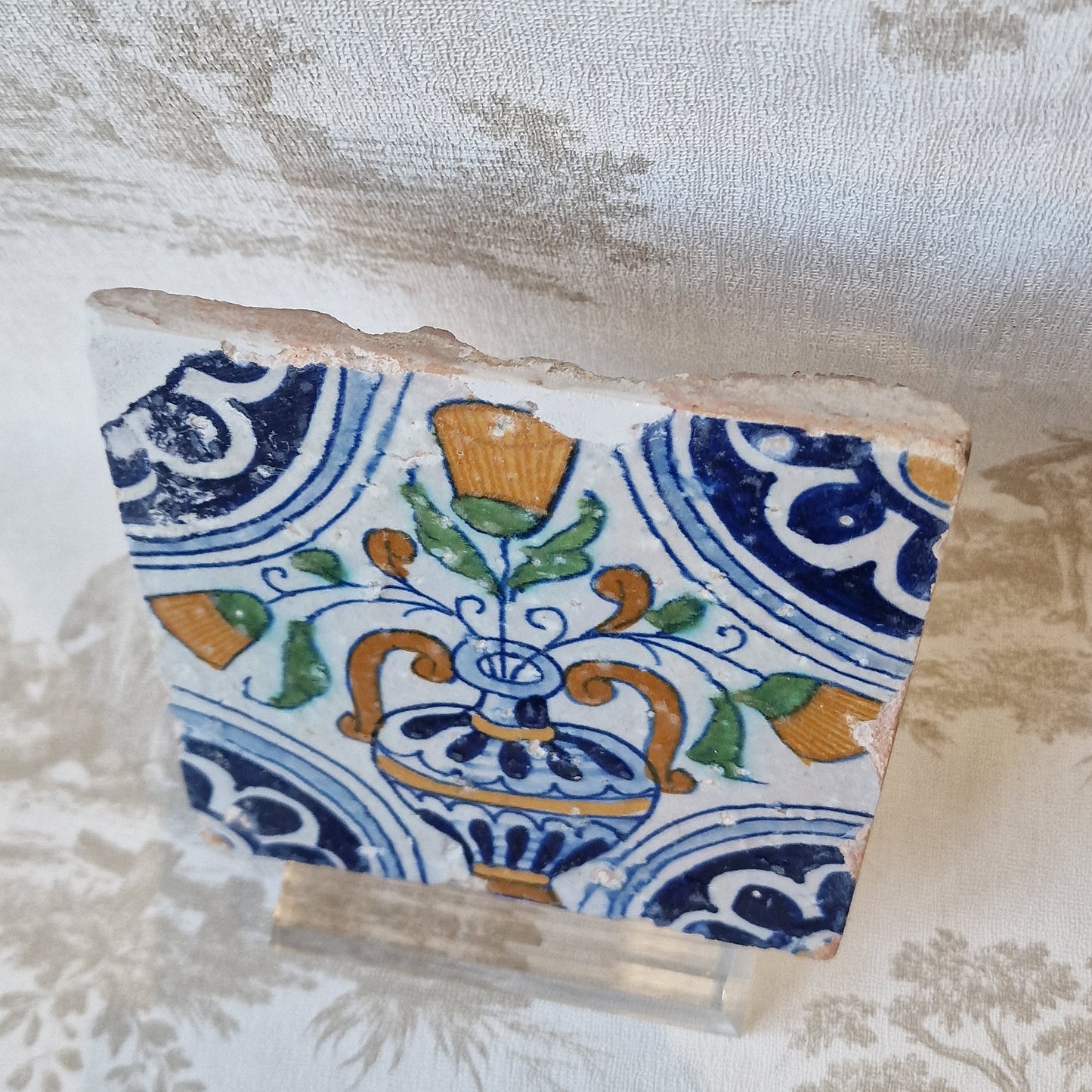 Antique Dutch Tile – 17th Century Polychrome Floral Ornament