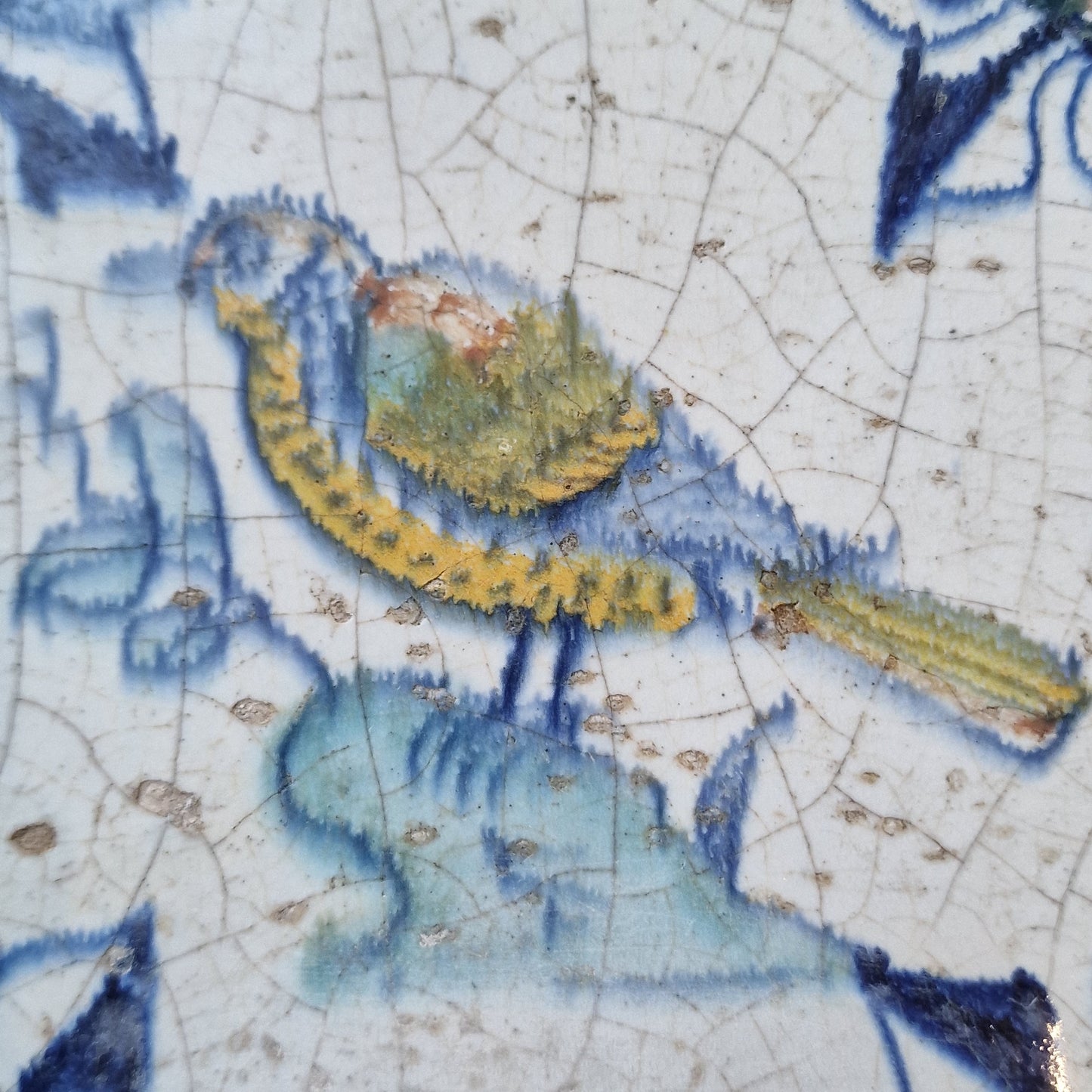 Antique Dutch Delft Tile – Polychrome Bird, Lily Motifs (c. 1630)
